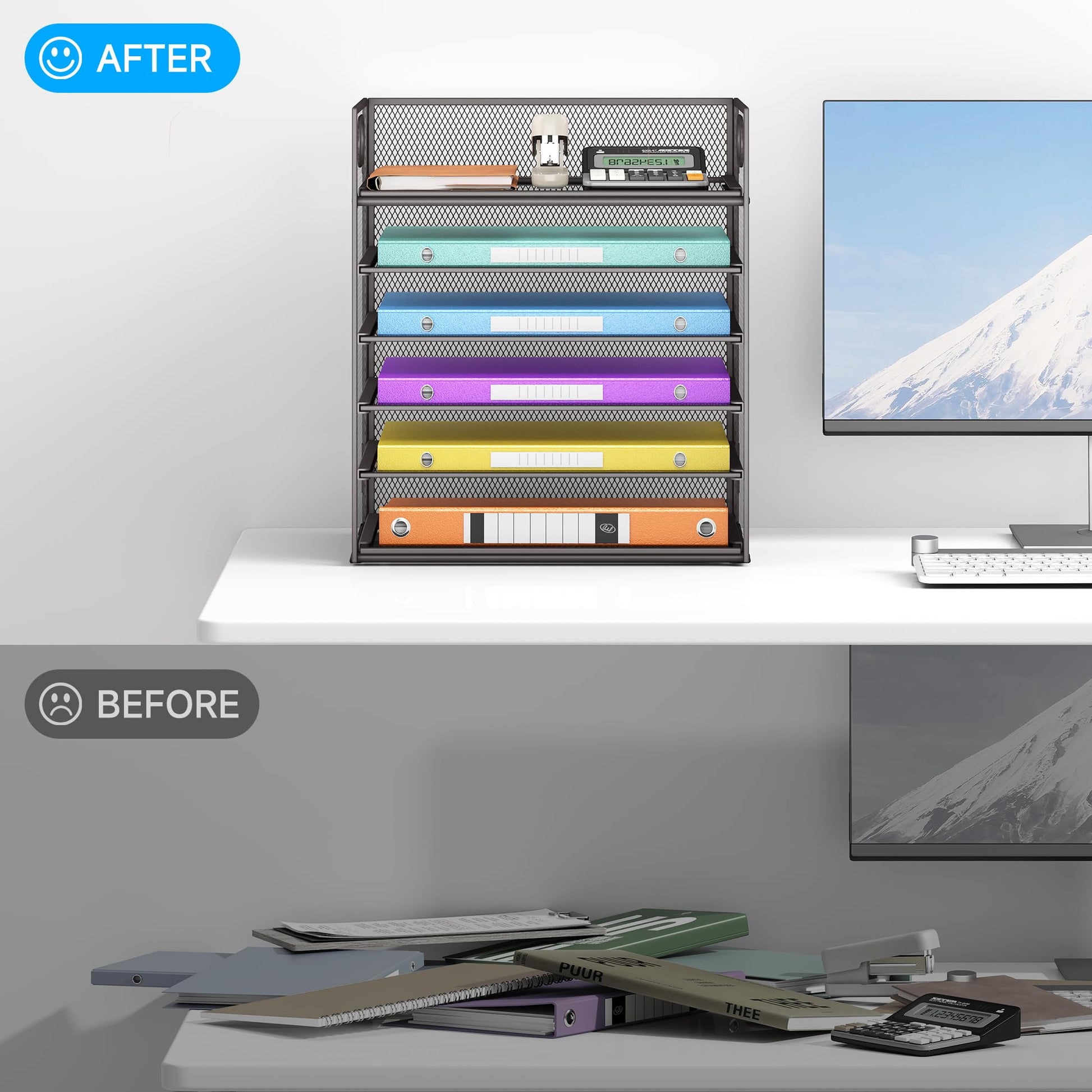 6 Tiers Letter Tray Paper Organizer With Handle, Mesh Desk File Organizer, Metal Desktop Document