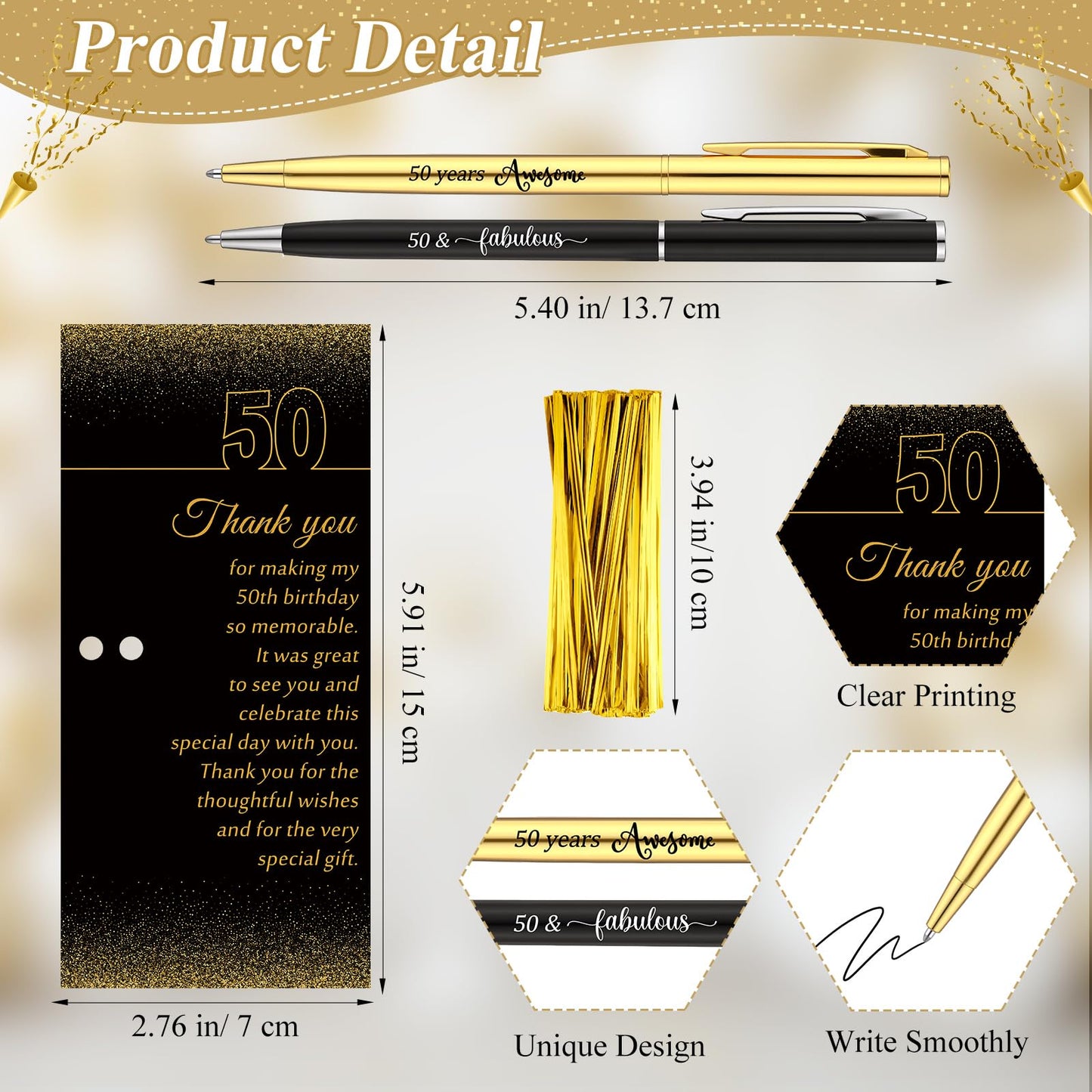 Feifeiya 50 Sets 50th Birthday Party Favors with Black Gold Pens Thank Card