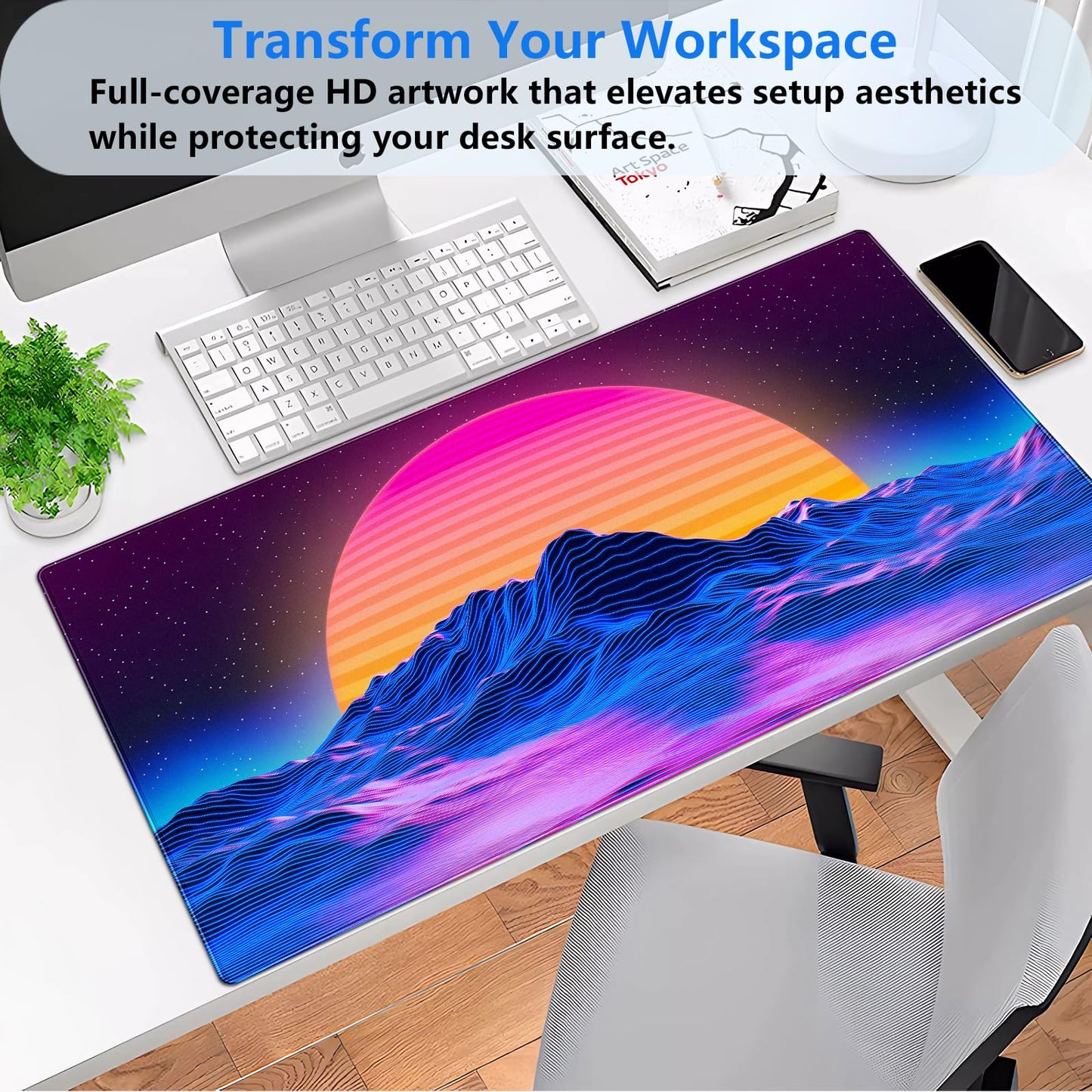 Synthwave Gaming Desk Mat, Retro 80s XXL Large Mouse Pad 31.5x15.7 in