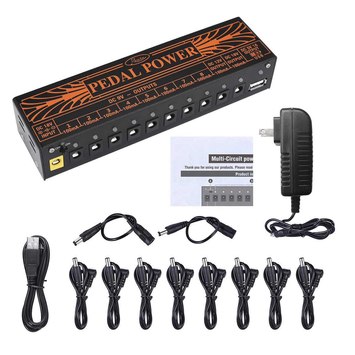 Rowin PW-1 Guitar Pedal Power Supply 10 Isolated DC Output for 9V/12V/18V Guitar Bass Effect Pedals