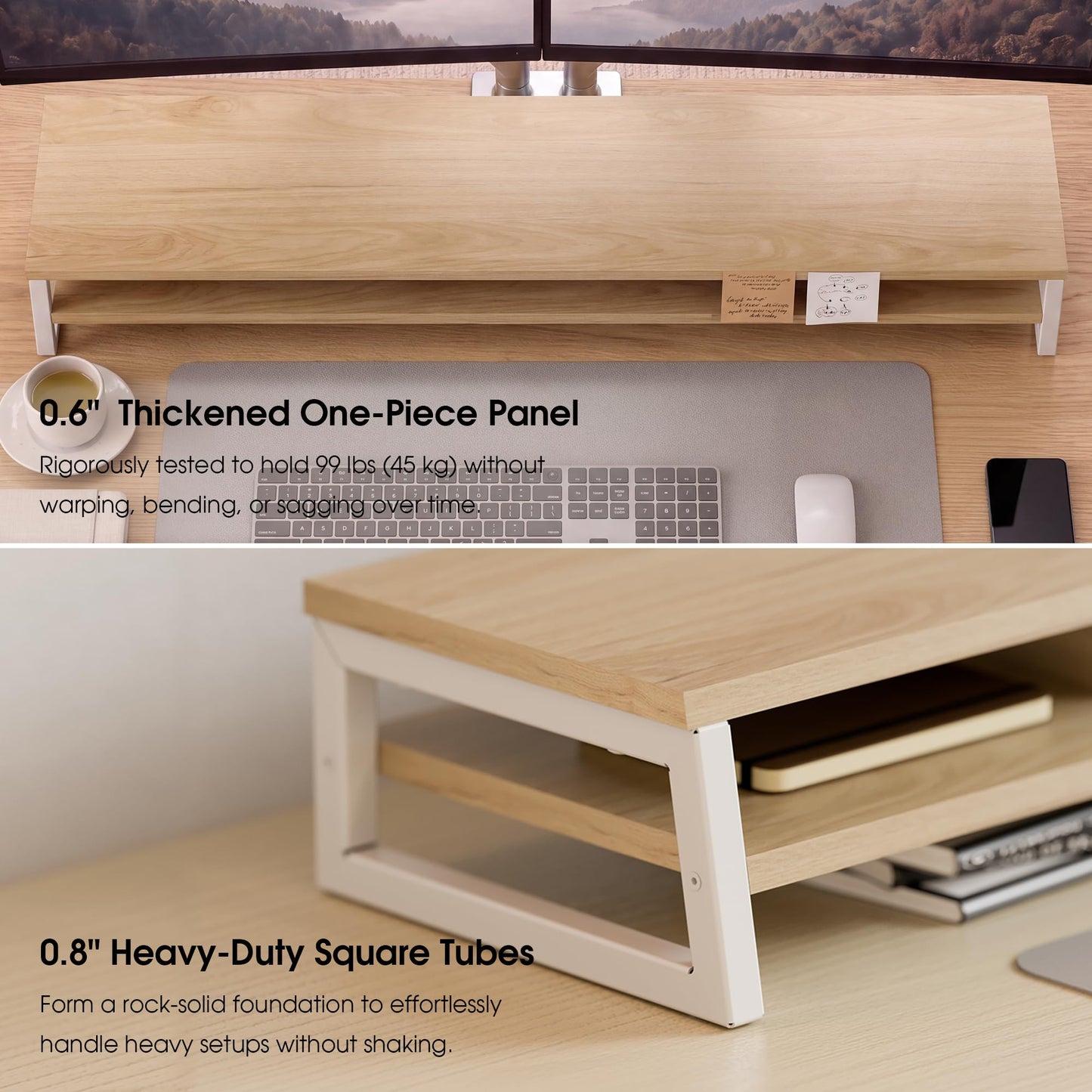 Fenge Dual Monitor Riser for Desk, Open Shelf with 3 Storage Compartments
