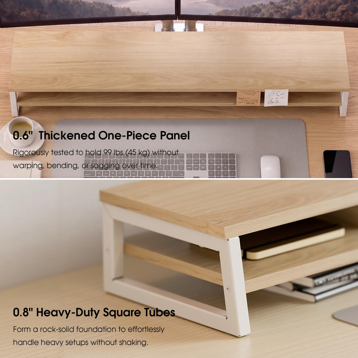 Fenge Dual Monitor Riser for Desk, Open Shelf with 3 Storage Compartments