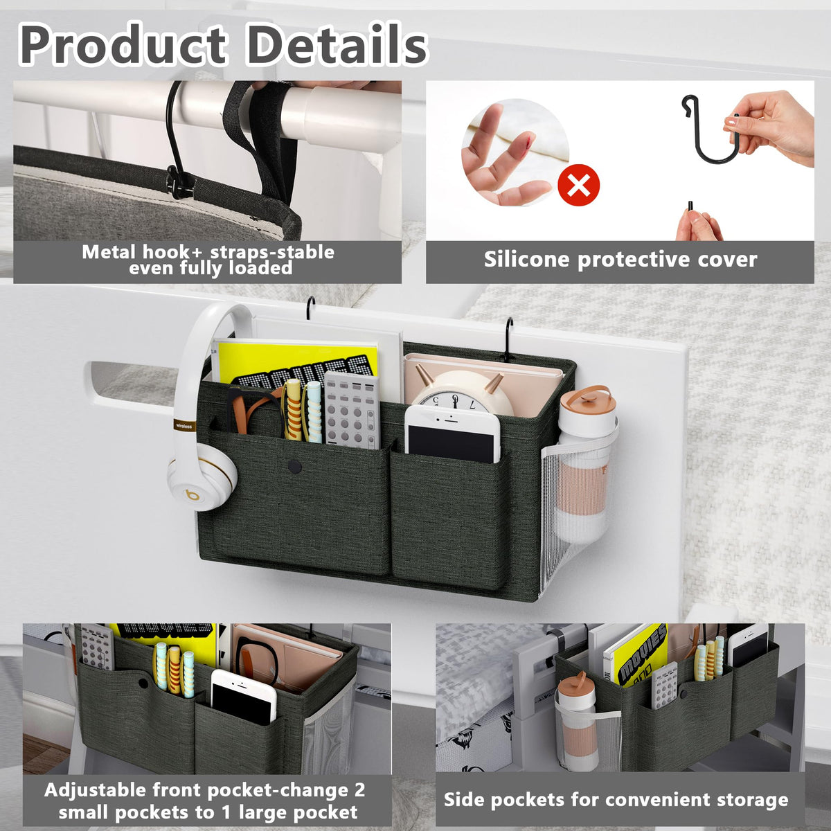 Bedside Caddy Bedside Storage Hanging Organizer for Bunk Dorm Bed Rail