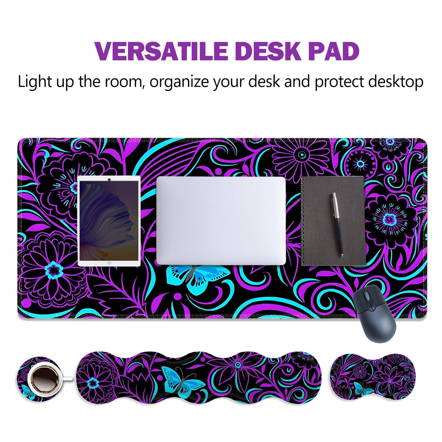 ARTSO Purple Desk Mat, Large Gaming Mouse Pad with Wrist Rest, Flower Butterfly XXL