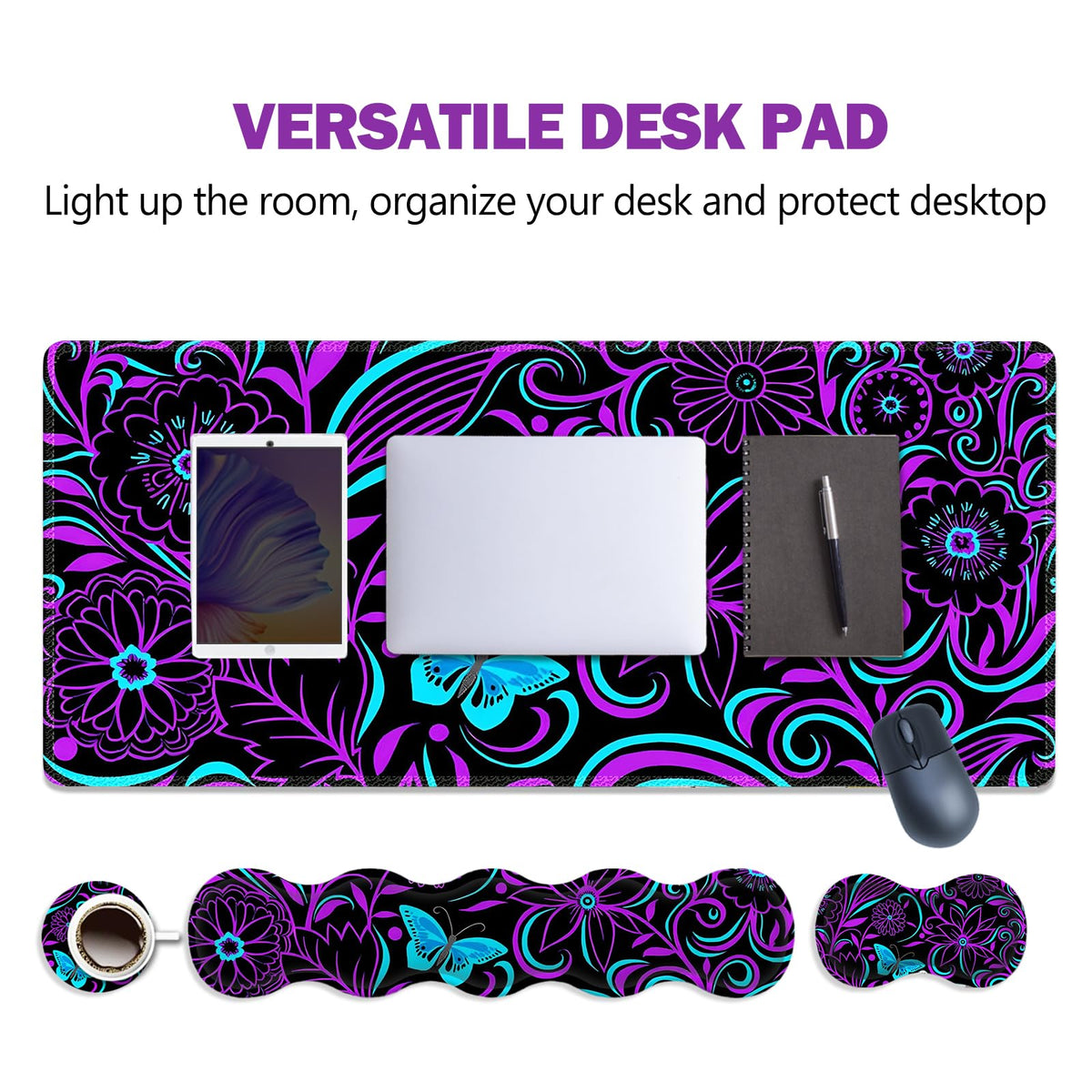 ARTSO Purple Desk Mat, Large Gaming Mouse Pad with Wrist Rest, Flower Butterfly XXL
