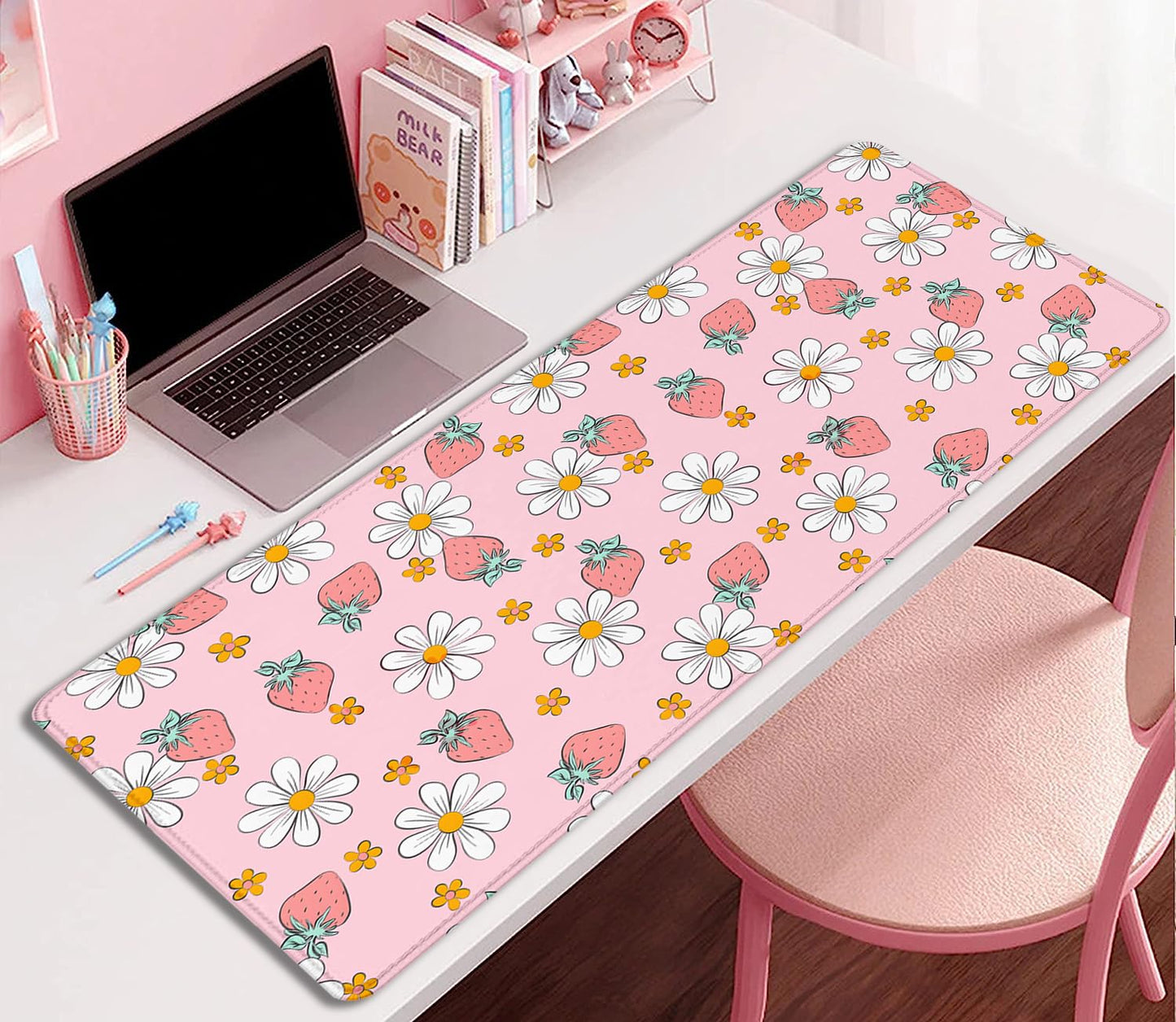 Strawberry Mouse Pad Desk Mat,Pink Large Large Gaming Mouse Mat with Stitched Edges,Non-Slip