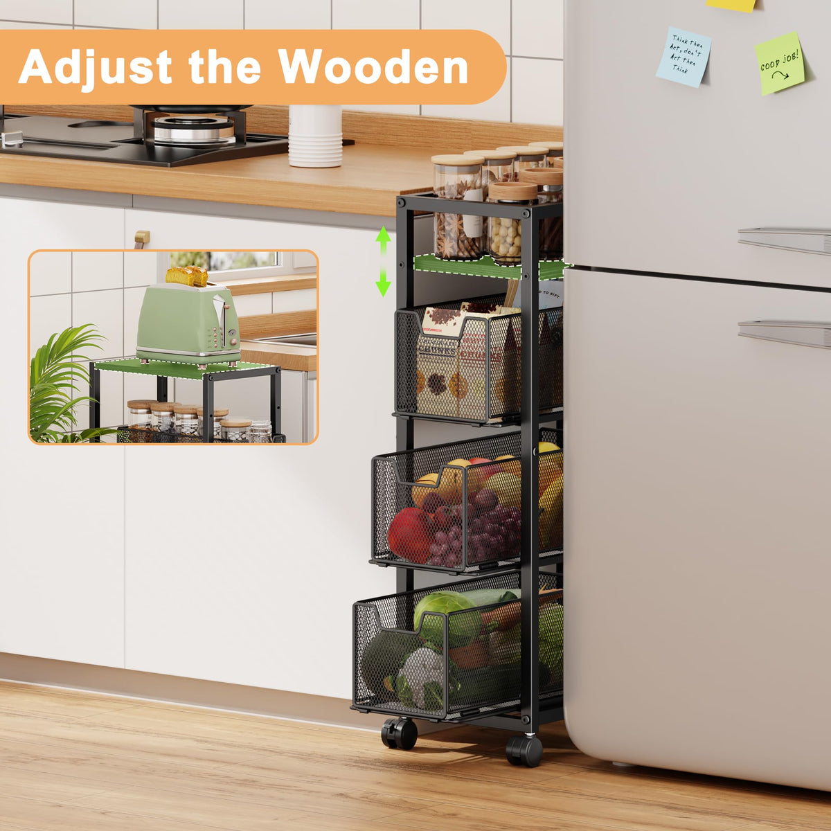 4 Tier Narrow Kitchen Rolling Cart, 9.1" Wide Slim Kitchen Storage Cart with Pull-Out Baskets