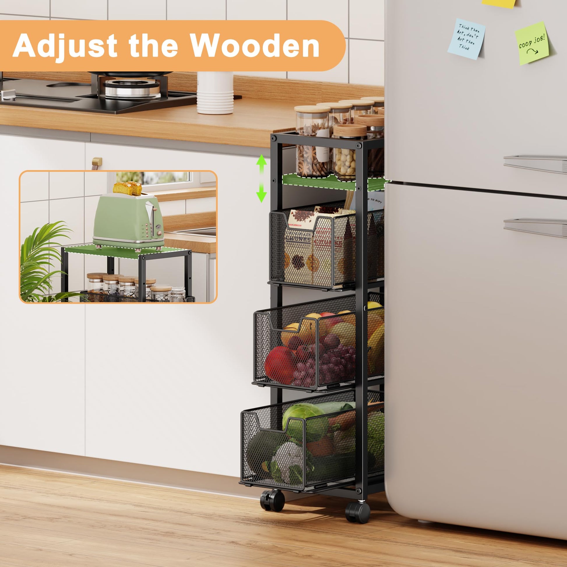 4 Tier Narrow Kitchen Rolling Cart, 9.1" Wide Slim Kitchen Storage Cart with Pull-Out Baskets