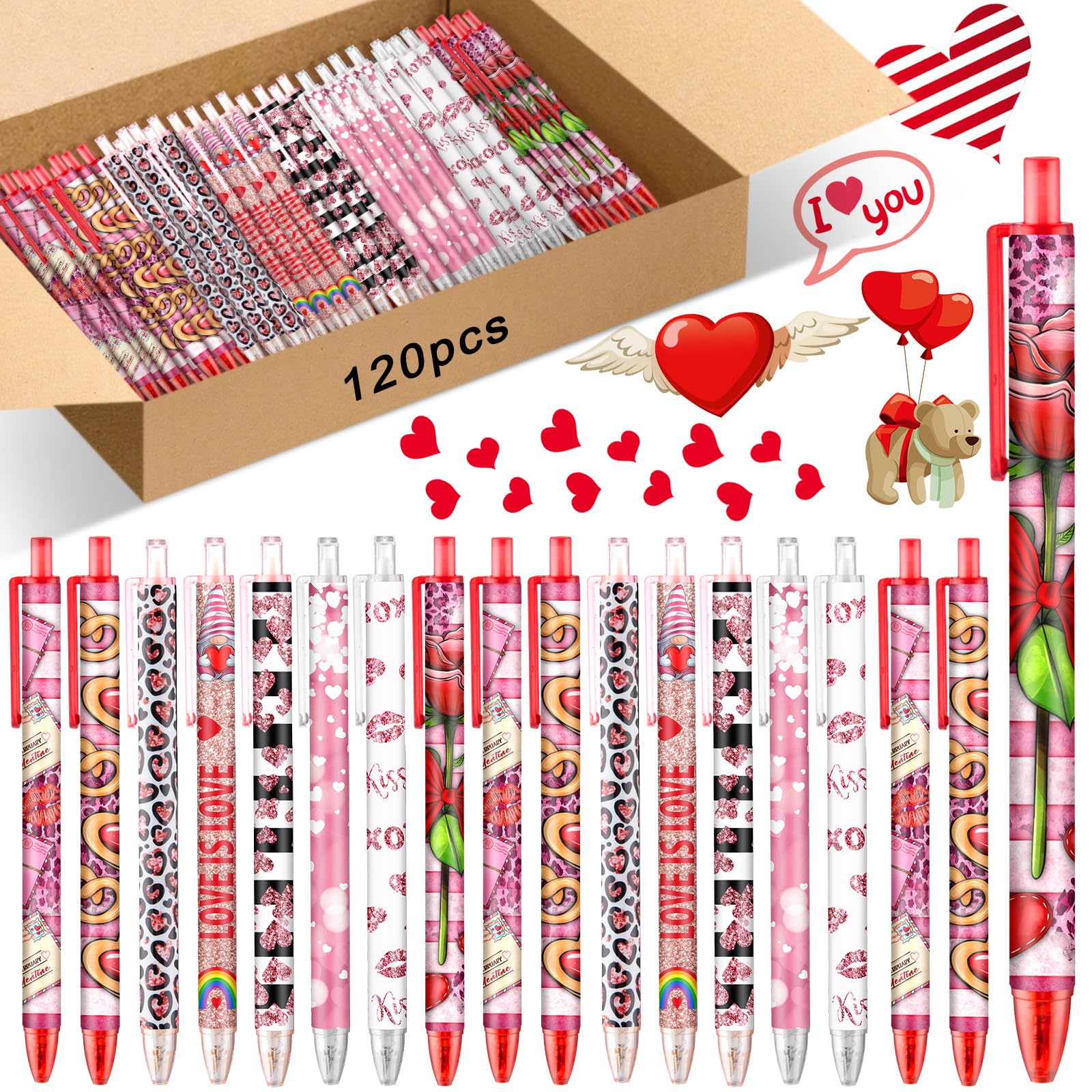 Leinuosen 120 Pcs Valentine's Day Ballpoint Pen Bulk Valentine's Day Heart Black Ink Pens for