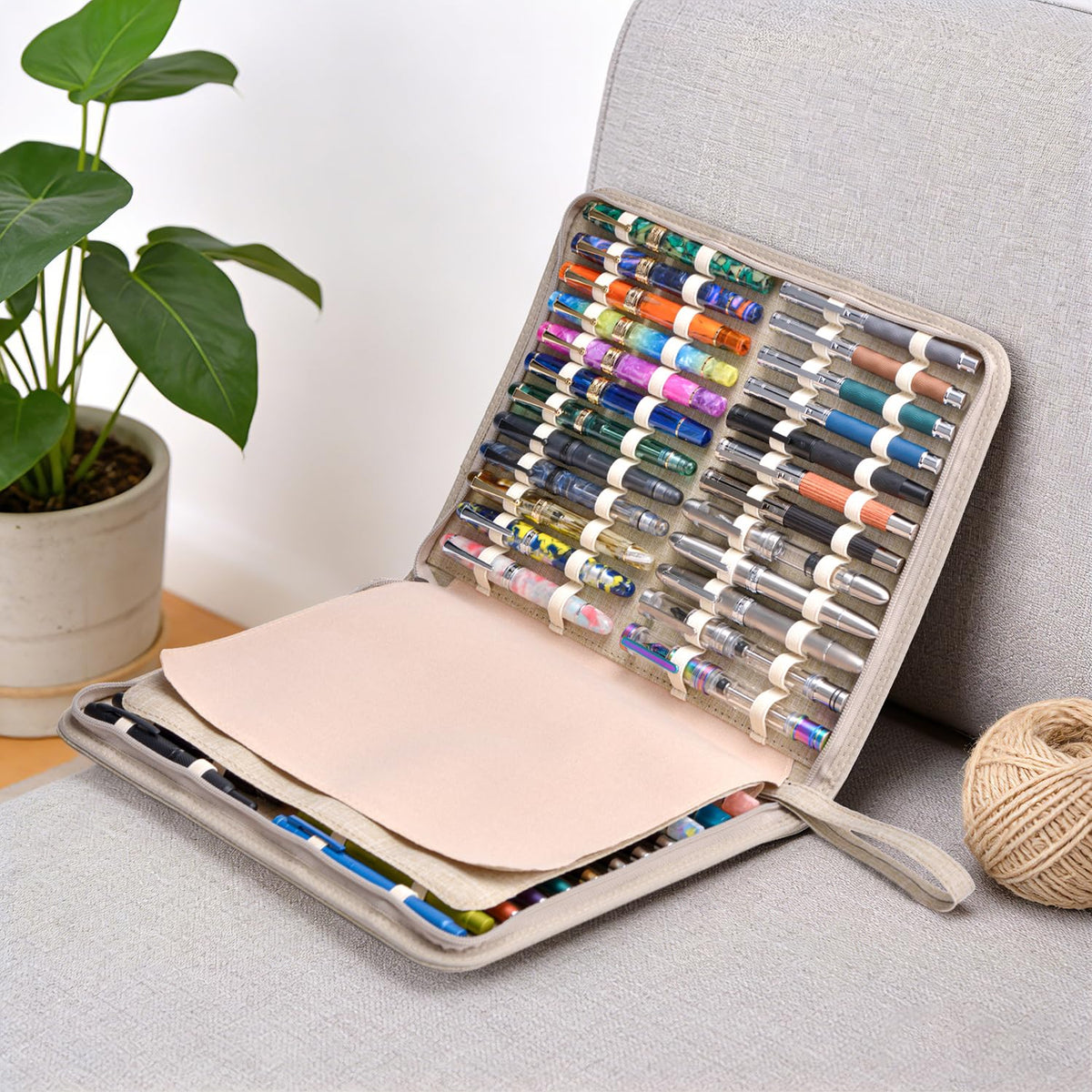 Lanxivi 48 Fountain Pen Case Tan Organizer Bag, Waterproof Canvas Pen Display Holder with YKK zipper