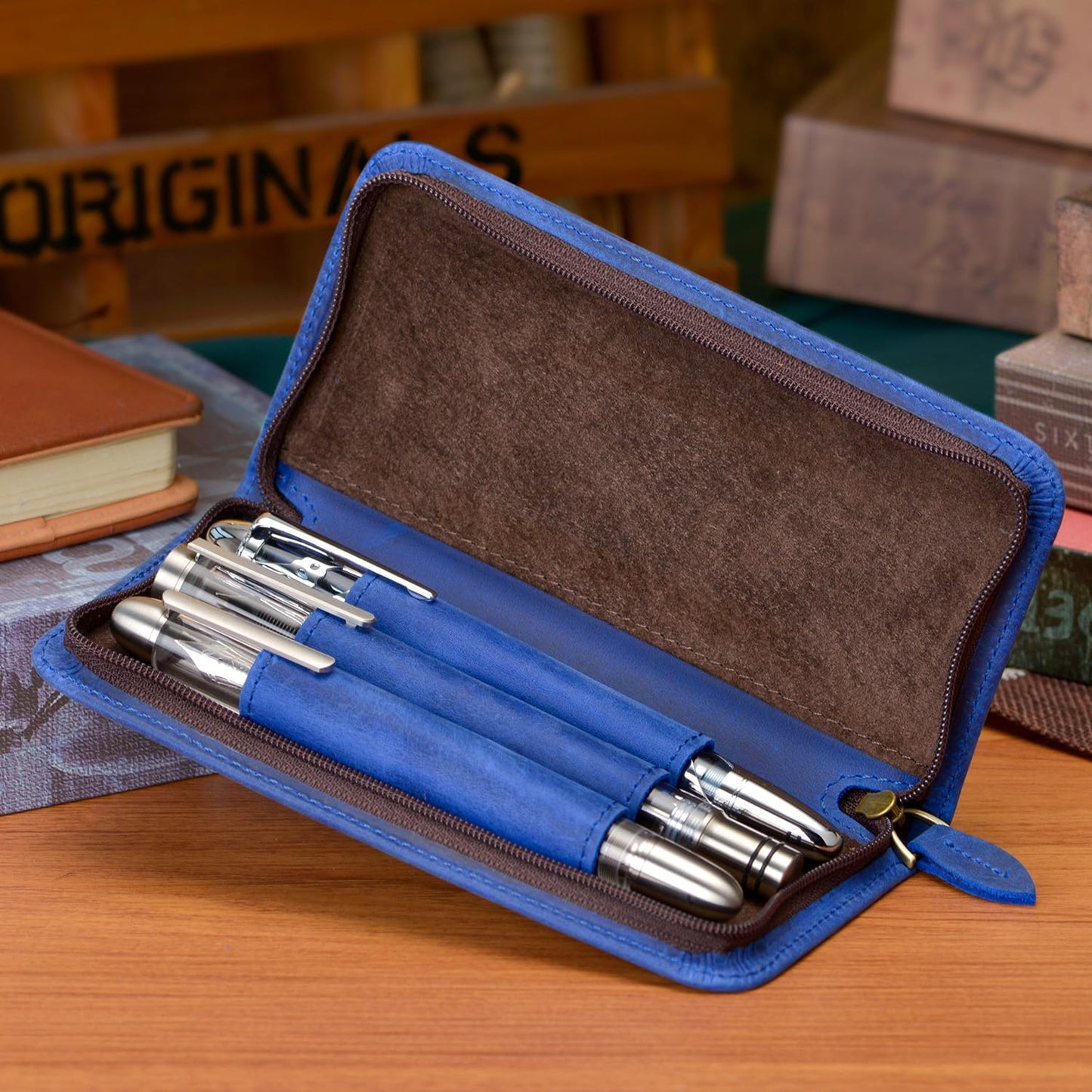 Asvine Fountain Pen Case 3 Divided Slots Crazy Horse Leather Pen Holder, Handmade Display Zippered