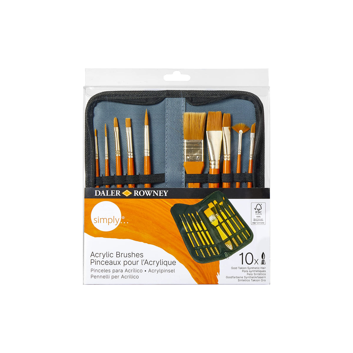 Daler-Rowney Simply Acrylic Brush Set in Zip Case, 10 x Assorted Gold Taklon Synthetic Hair