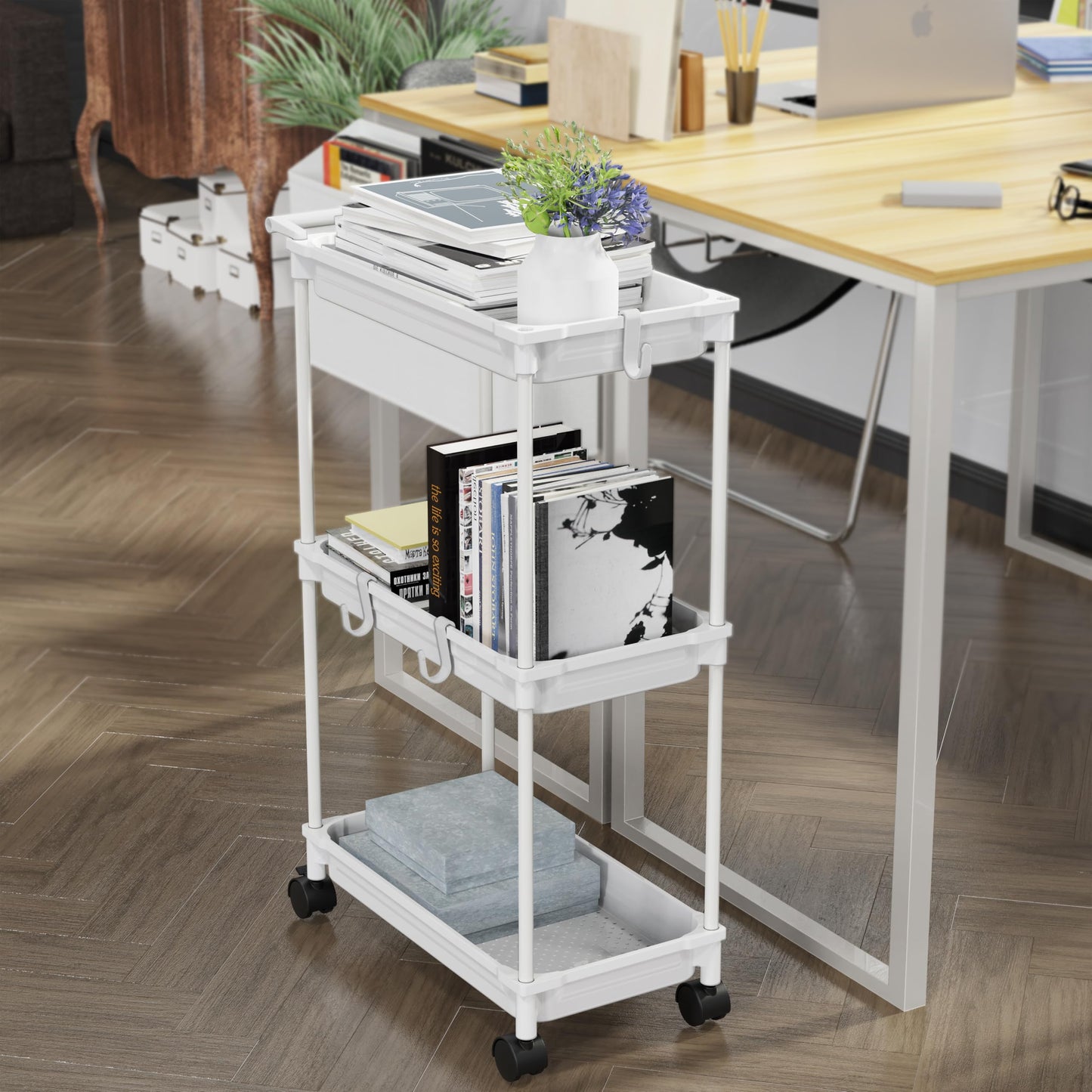 SimpleHouseware Standard 3-Tier Slim Rolling Storage Cart, White