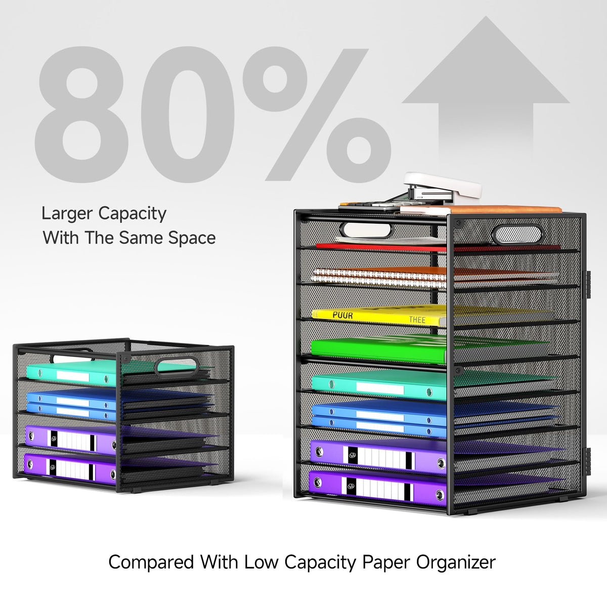 Cawukege 9 Tier Paper Organizer with Handle, Black Large Capacity Desk Organizer Mesh File Folder