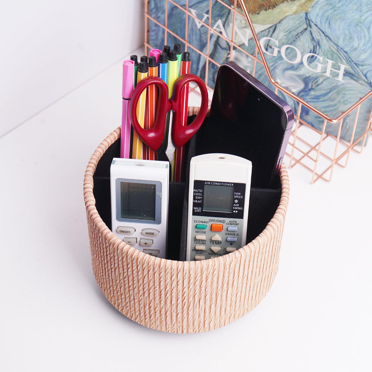 Hennaja Round Leather Art Supply Organizer,Remote Control Holder,360 Degree