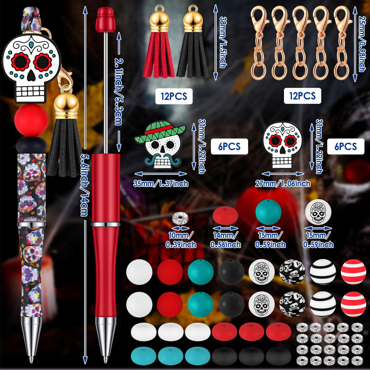 Colarr 12 Sets Halloween Beadable Pen DIY Pen Making Kit,Skull Style