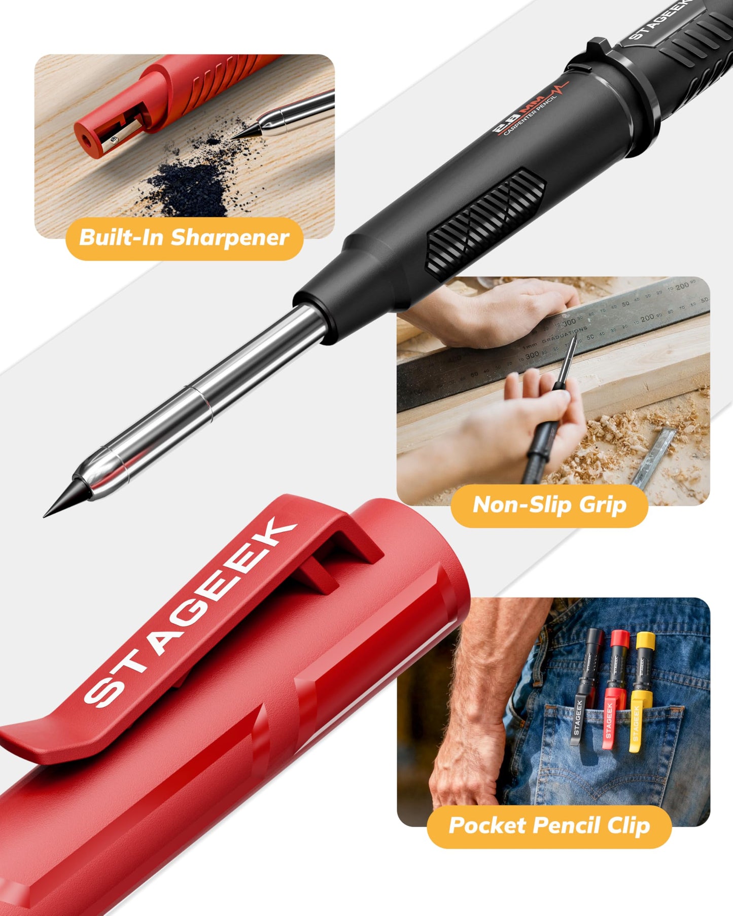STAGEEK 2.8mm Mechanical Carpenter Pencils with Sharpener, 2 Pack