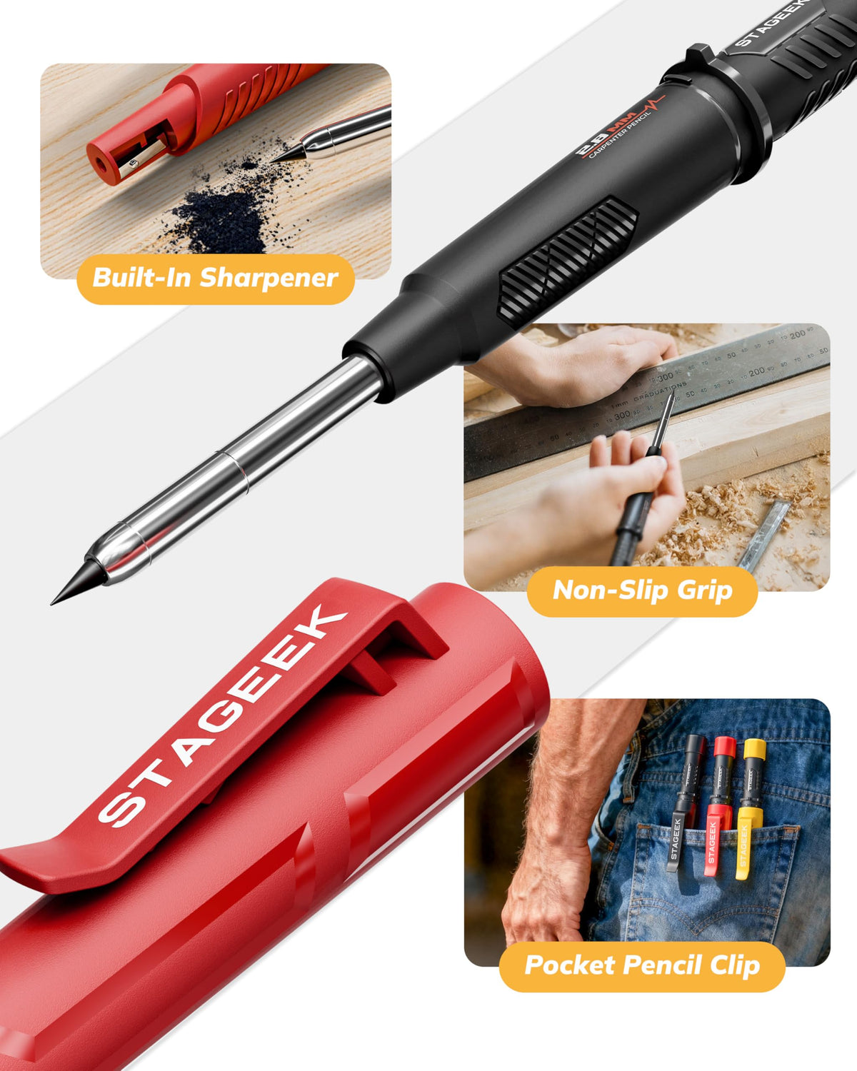 STAGEEK 2.8mm Mechanical Carpenter Pencils with Sharpener, 2 Pack