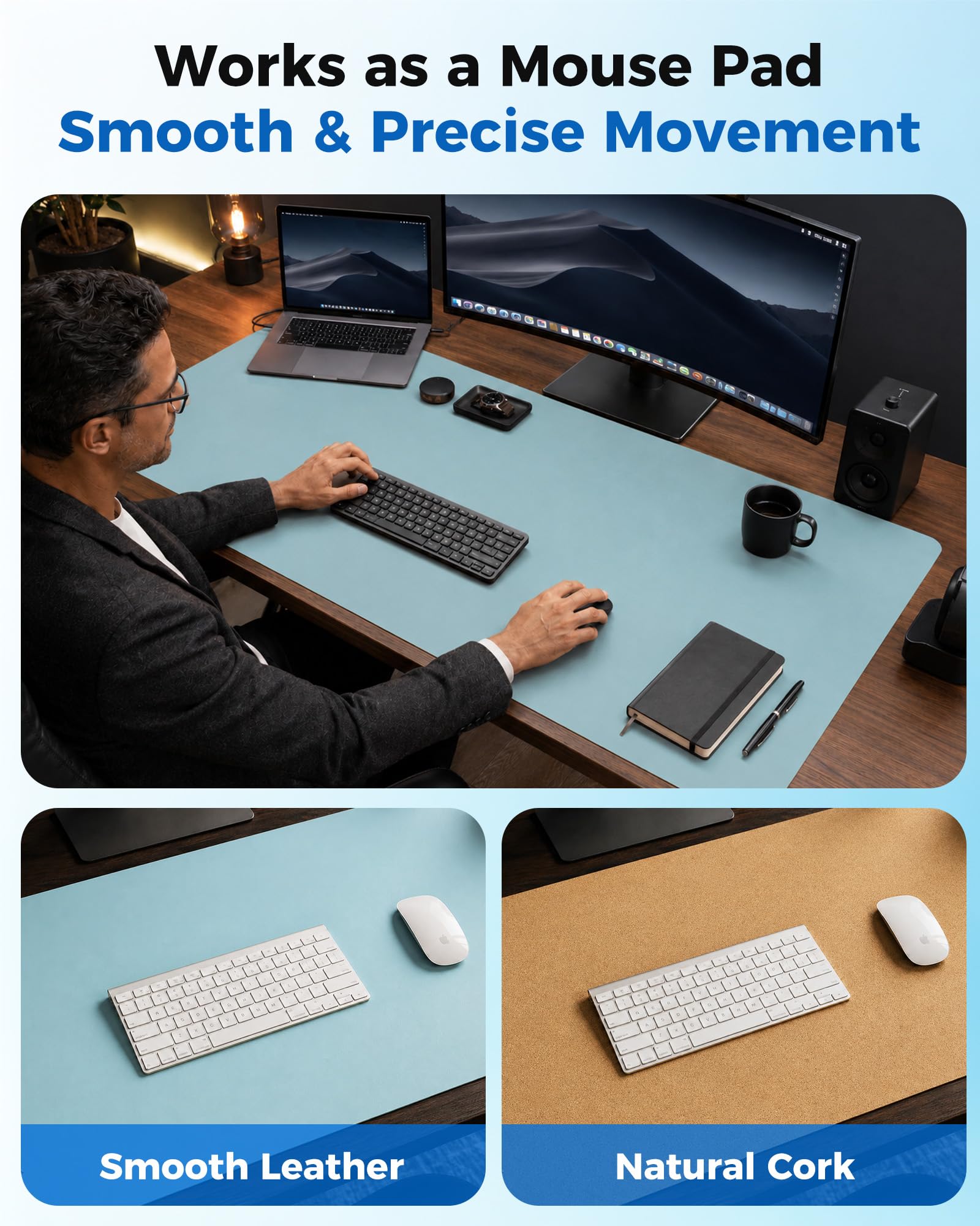 Aothia Double-Sided Desk Pad – 37.8"x17" Leather Desk Mat with Eco Cork Protector, Large Mouse Pad