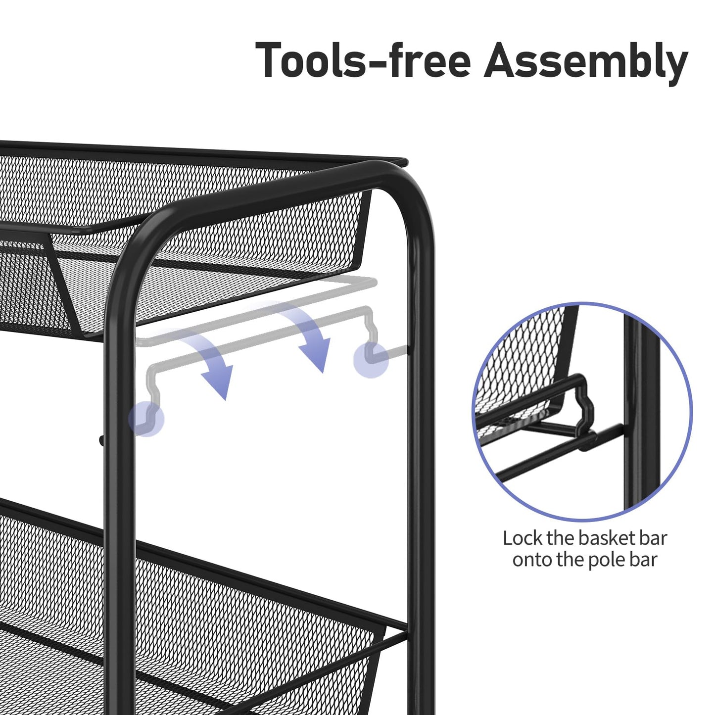 TOOLF 3 Tier Rolling Cart, Metal Utility Storage Cart with Wheels, Black