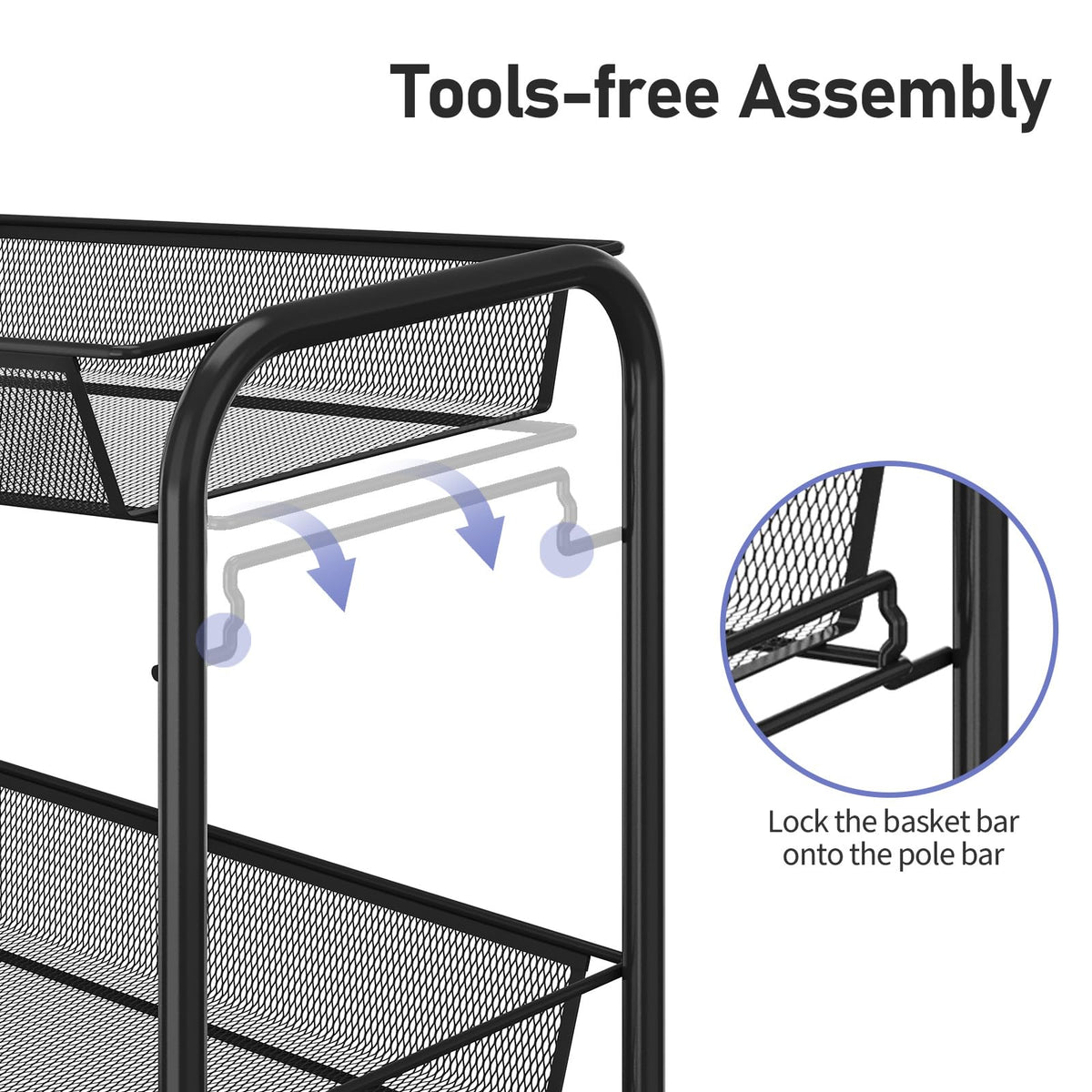 TOOLF 3 Tier Rolling Cart, Metal Utility Storage Cart with Wheels, Black