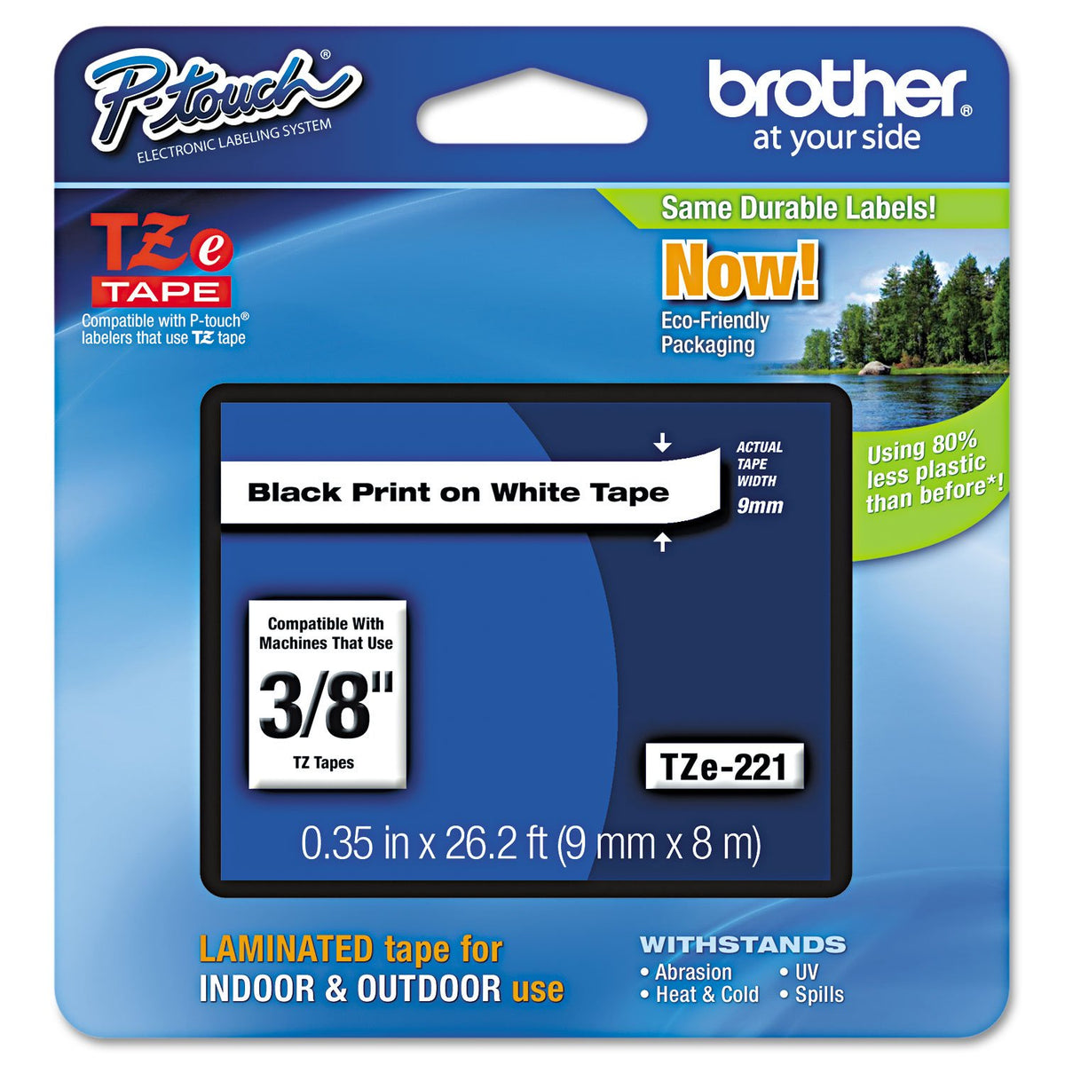 Brother(R) TZe-221 Black-On-White Tape, 0.38in. x 26.2ft., BRTTZ221