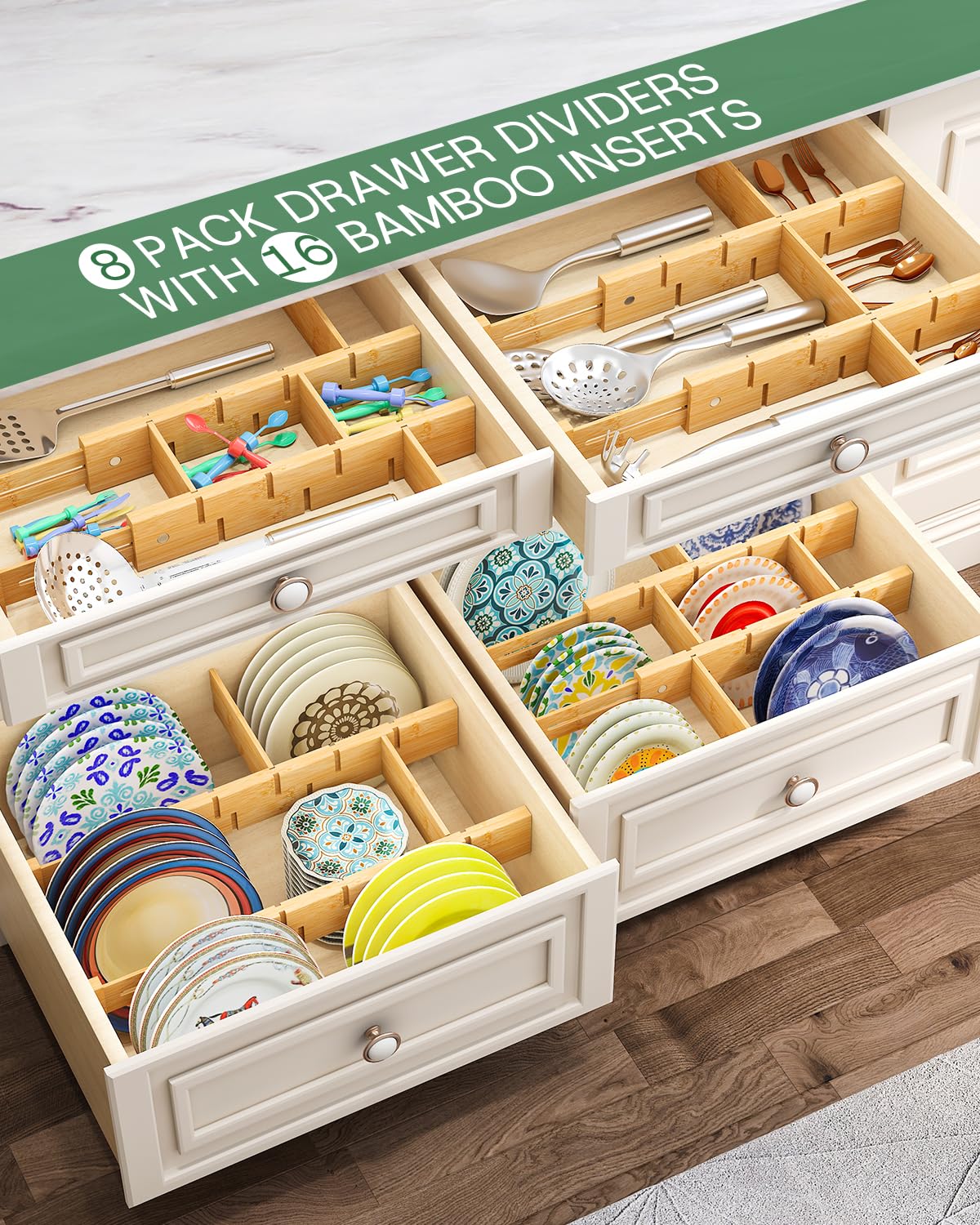 kiplant Bamboo Drawer Dividers - Adjustable Drawer Dividers for Kitchen, Clothes, Closet & Office