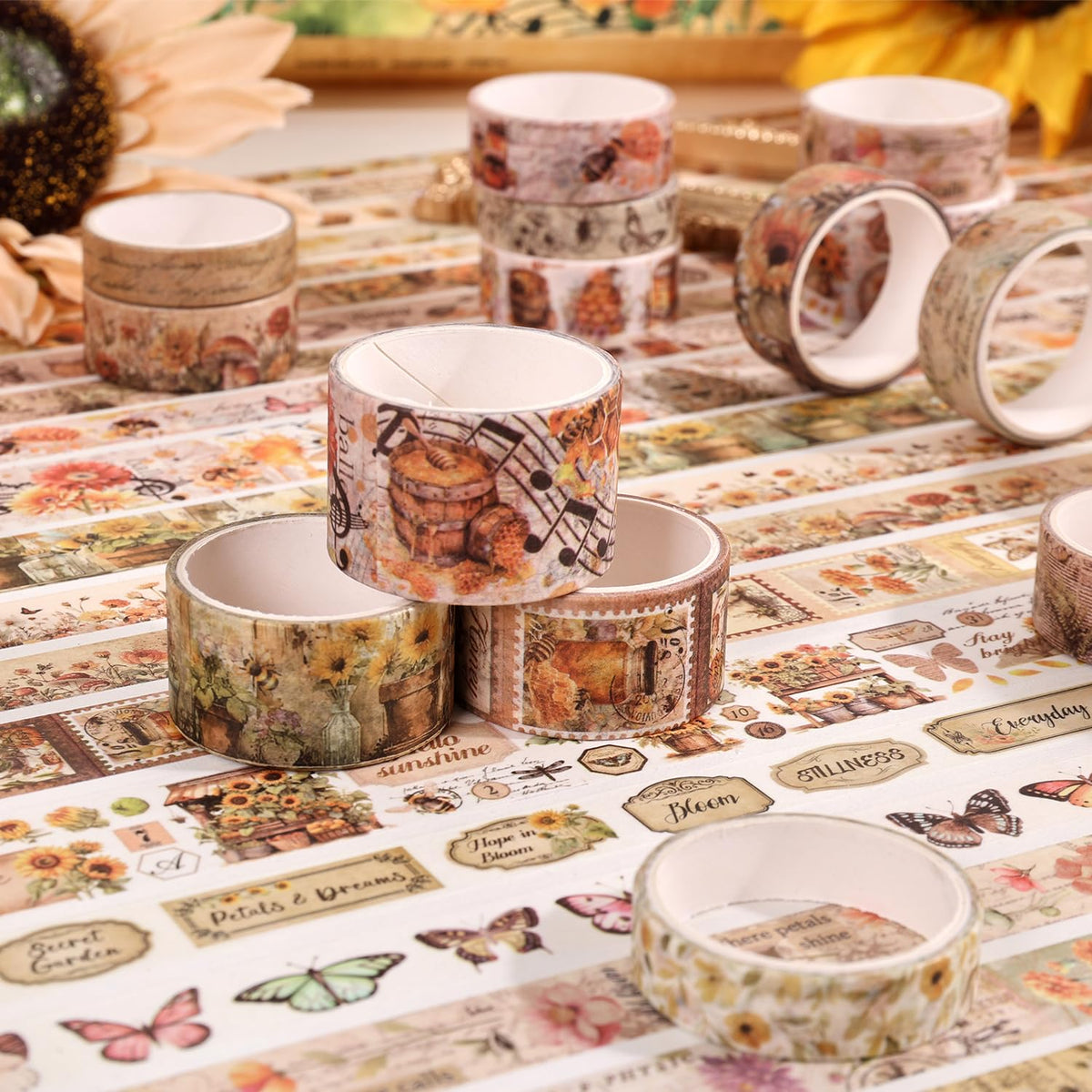 Natural Washi Tape Set, 42 Rolls - Floral, Butterfly, Bee, Botanical,Letter, Vintage Writable