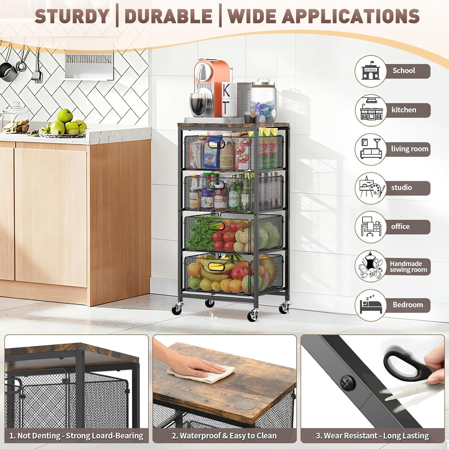 SUNALLY Kitchen Storage Cart with Drawers,Metal Snack Cart Organizer,Black