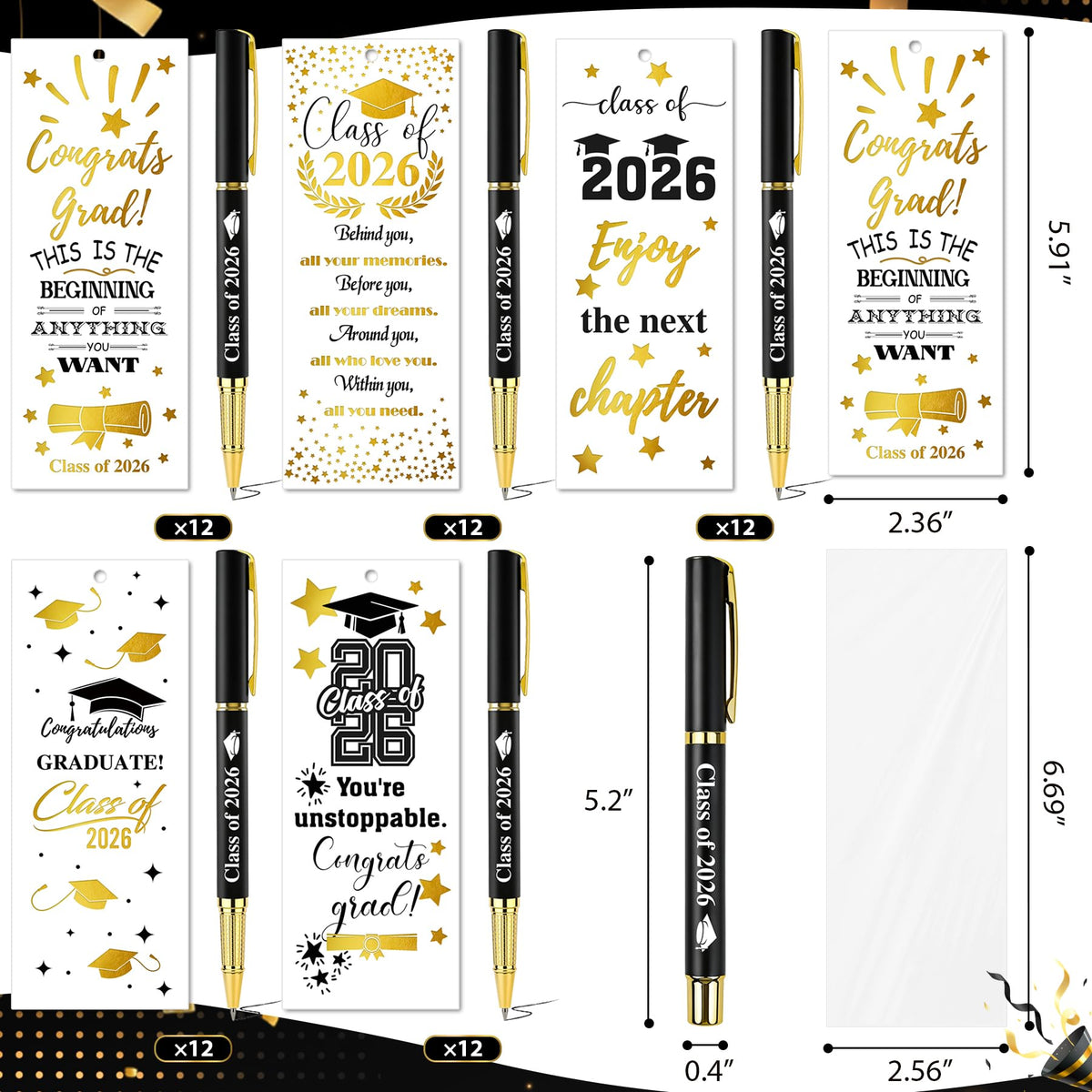 60 Sets Graduation Party Gifts Gel Pens Class of 2026 Bulk with Bookmarks Clear Bags Congrats Grad