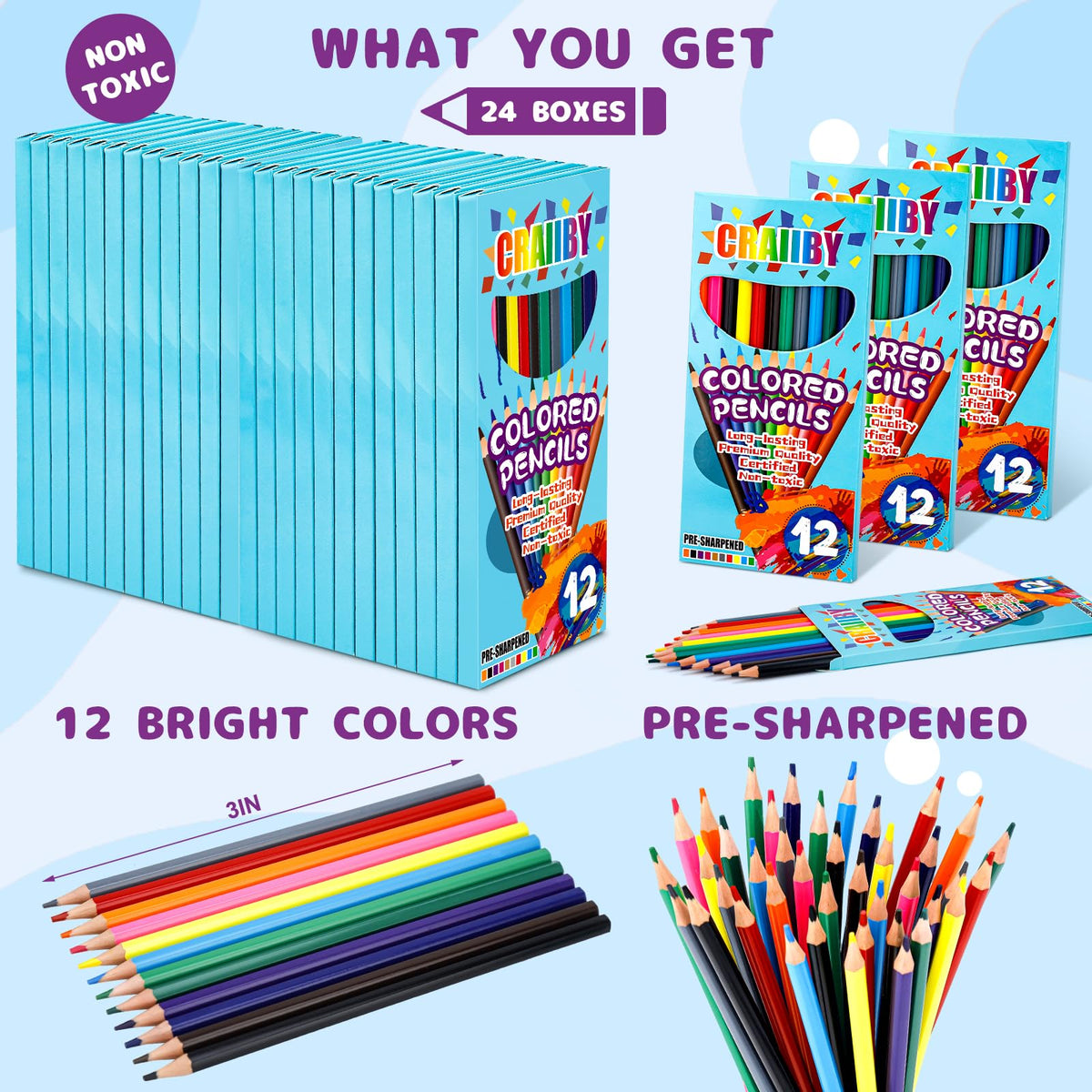 Craiiby Colored Pencils Bulk 288 Count, 24 Packs Pre-Sharpened 12 Colors, Ideal for Classroom