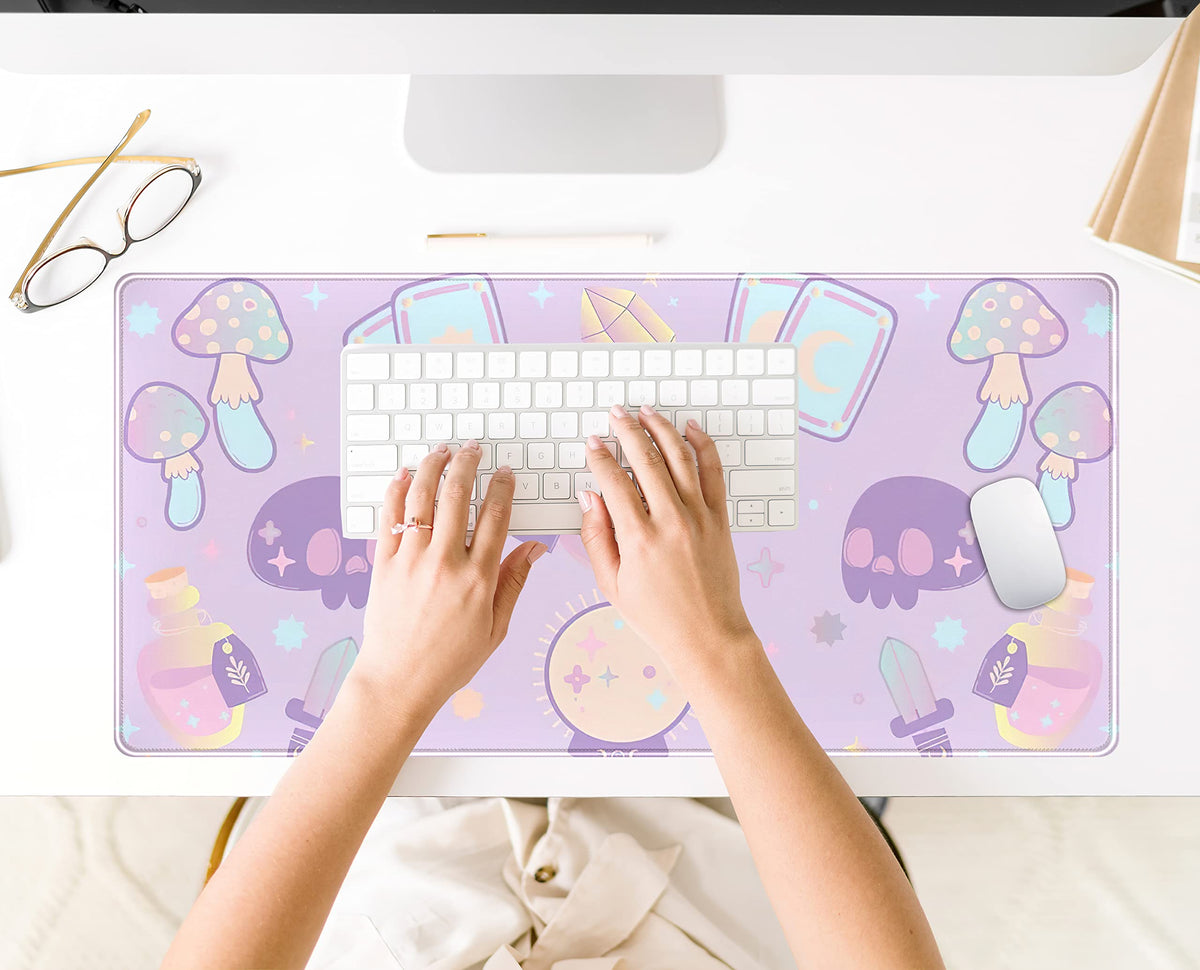 Kawaii Purple Desk Mat,Cute Witchy Elements Mouse Pad, Desk Pad Mystical Goth,XXL Gamig Desktop