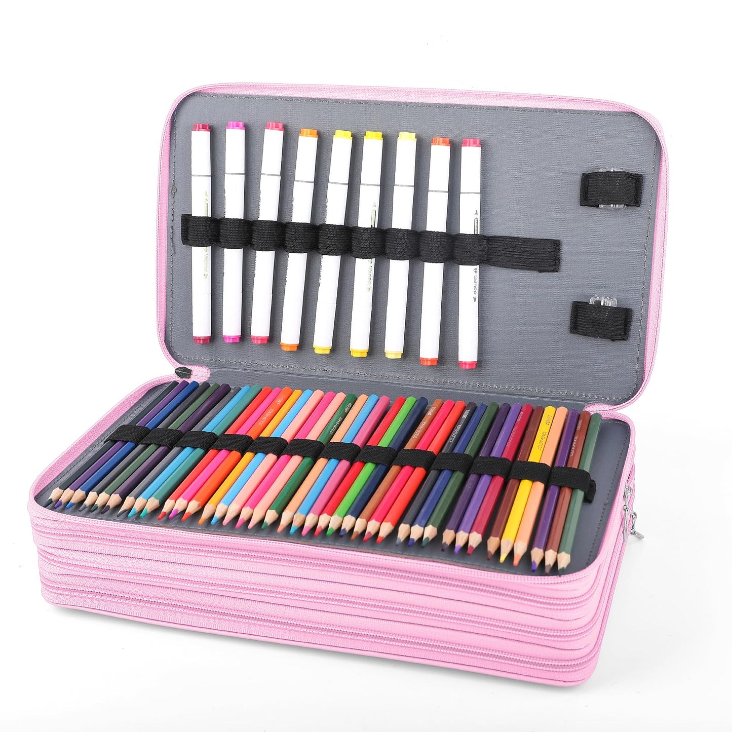 Vomgomfom 300 Slots Marker Case 4-Layer PU Leather, Handle, Pink Rose