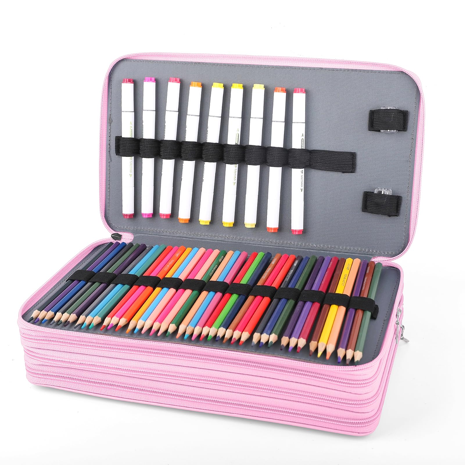 Vomgomfom 300 Slots Marker Case 4-Layer PU Leather, Handle, Pink Rose