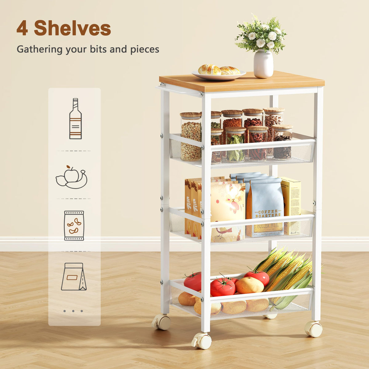 Hoctieon Rolling Storage Cart, 4-Tier 11.8" Wide Rolling Kitchen Storage Cart, Utility Cart with