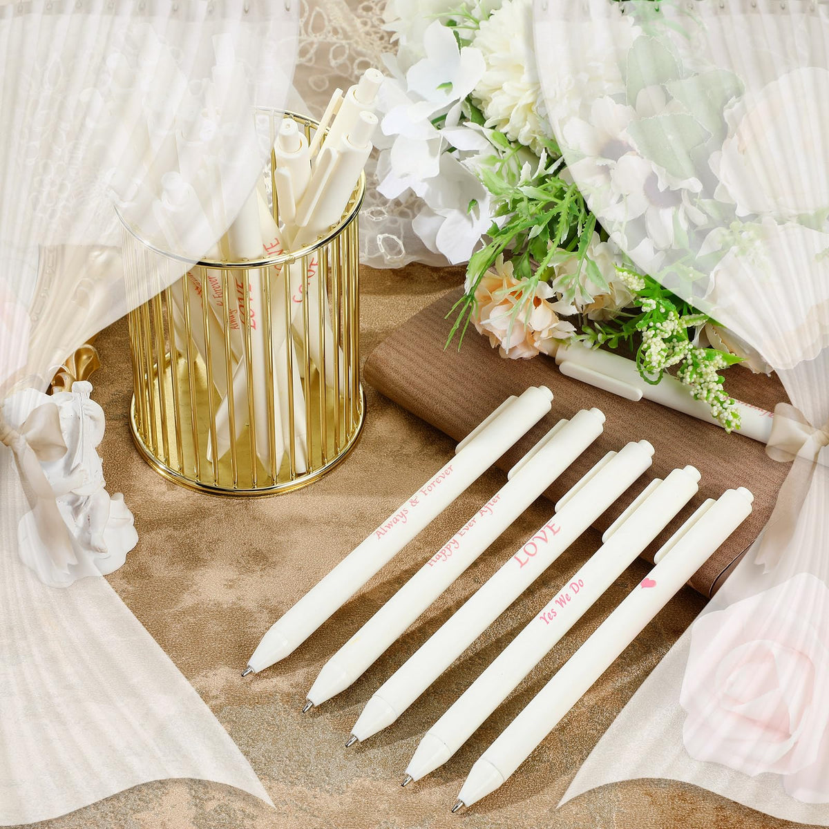 Ctosree 50 Pcs Bridal Shower Pens Wedding Pens for Guest Book Black Ink Retractable Ballpoint Pen
