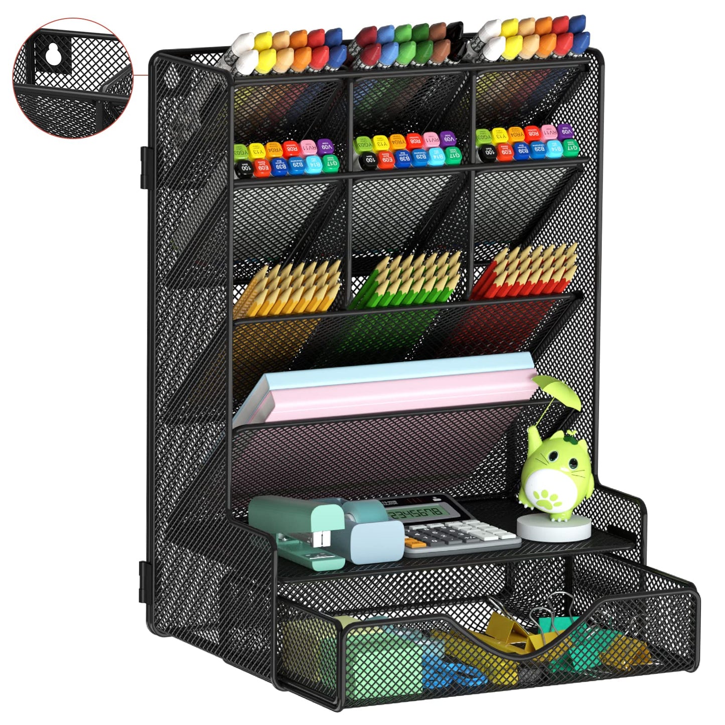 BOHDK Pen Organizer for Desk, Multi-Functional Desk Organizer, Wall Mount Pen Holder with Drawer
