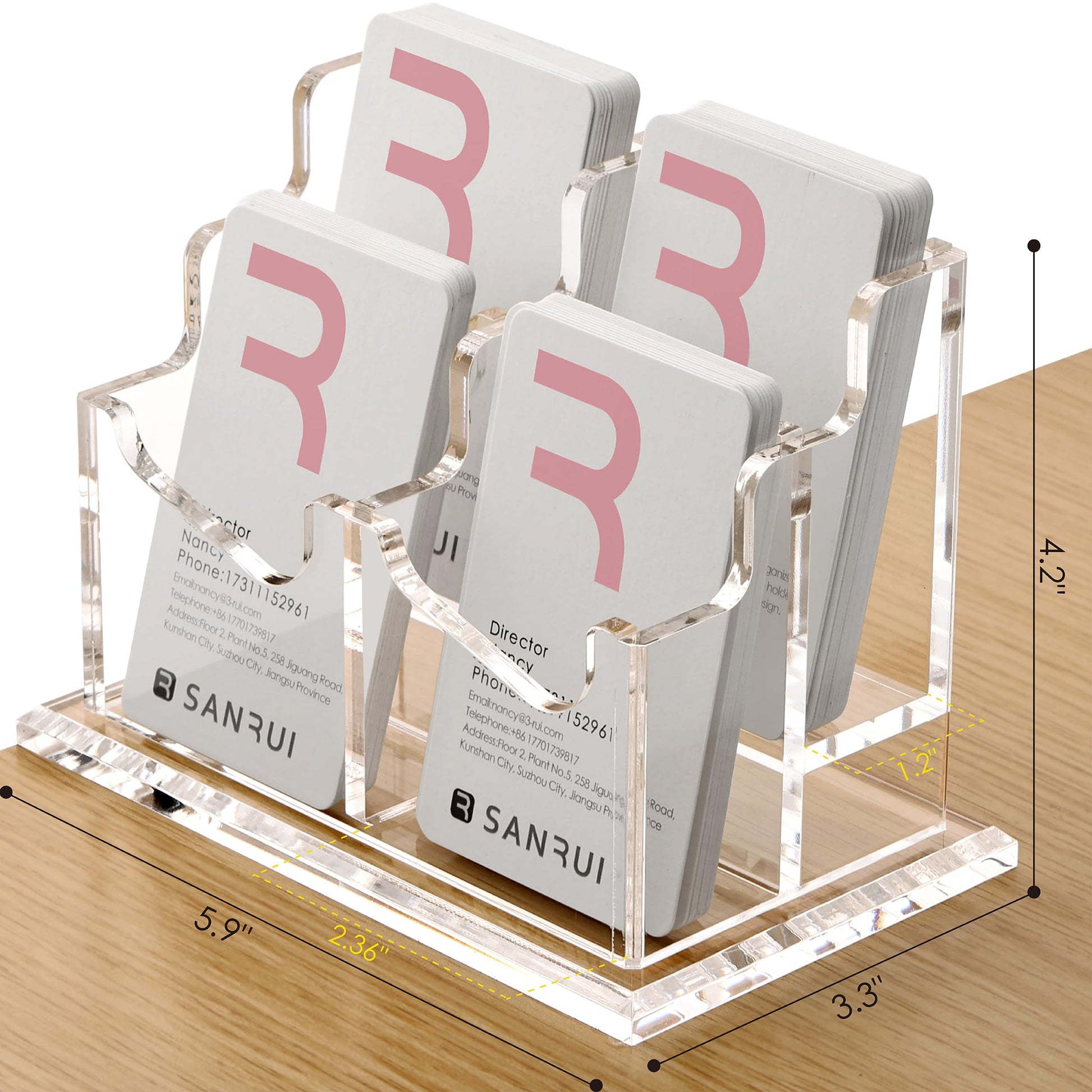 SANRUI Vertical Business Card Holder for Desk，Clear Acrylic Business Card Display Stand，4 Slots 2