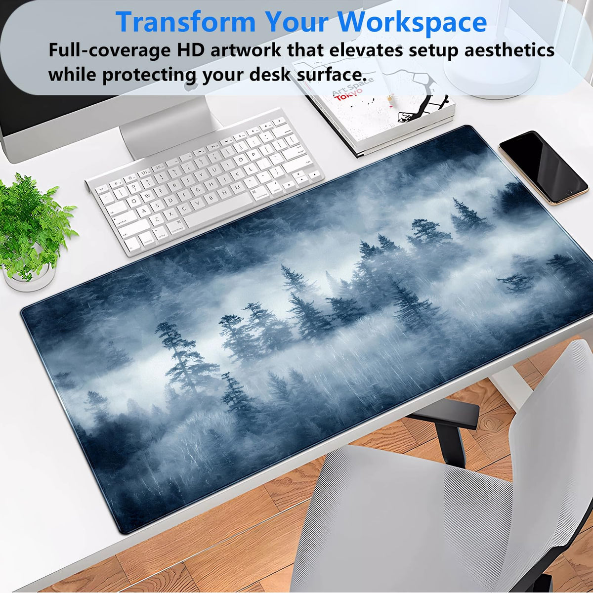 Misty Forest Desk Mat, Pine Tree Large Gaming Mouse Pad 31.5x15.7 in
