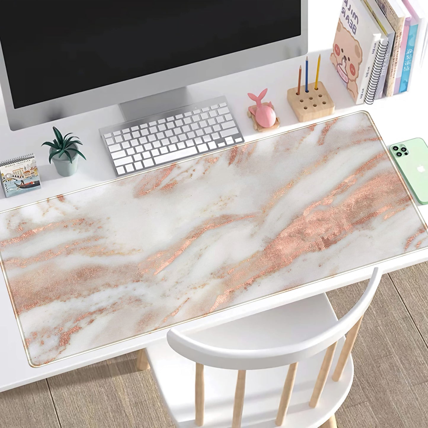 Rose Gold Marble Desk Mat Cute Desk Decor Mouse Pad, Abstraction Metallic Luxury Large Gaming