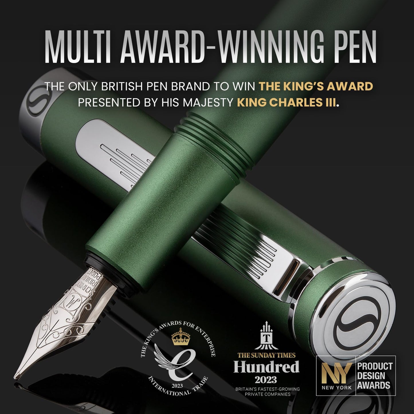 Scriveiner Luxury EDC Fountain Pen (Medium), Stunning Matt Green Pocket Pen, Chrome Finish, Schmidt