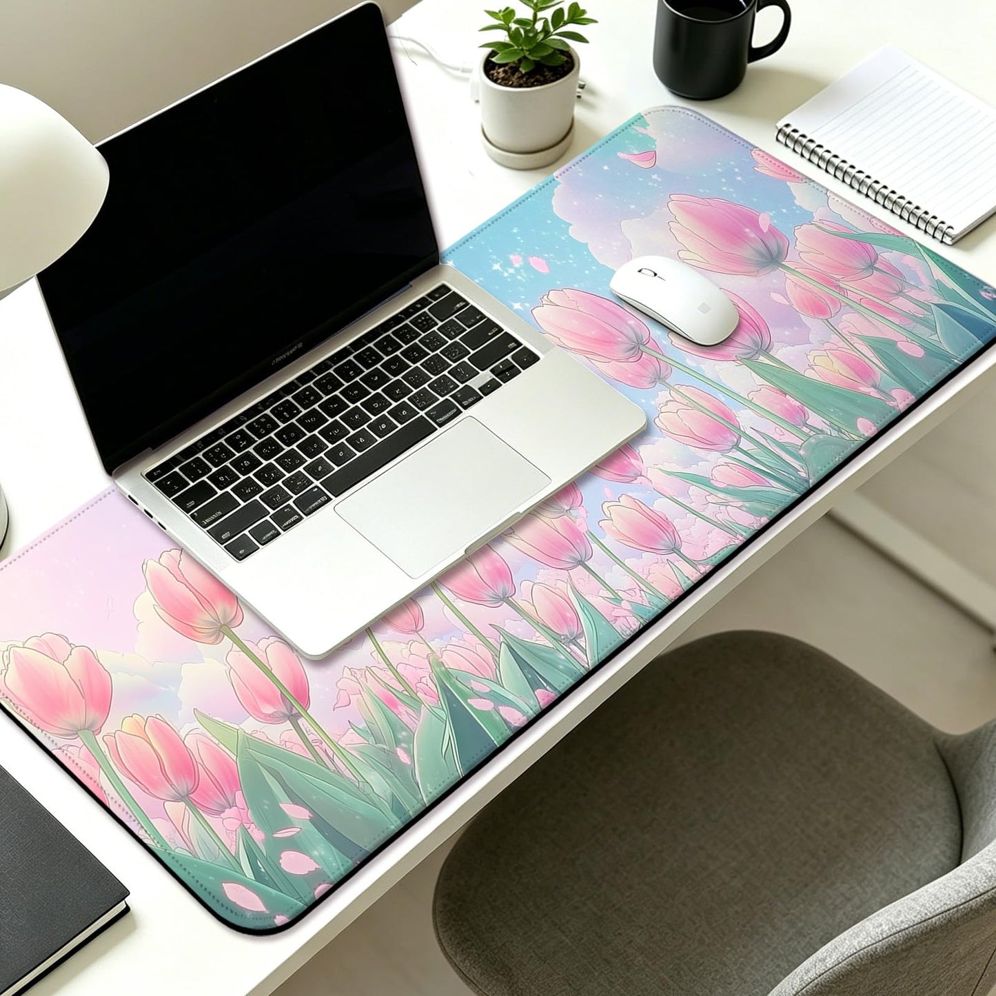 JIANG100 Pink Tulips Gaming Desk Mat, Flower Extended Mouse Pad, XL