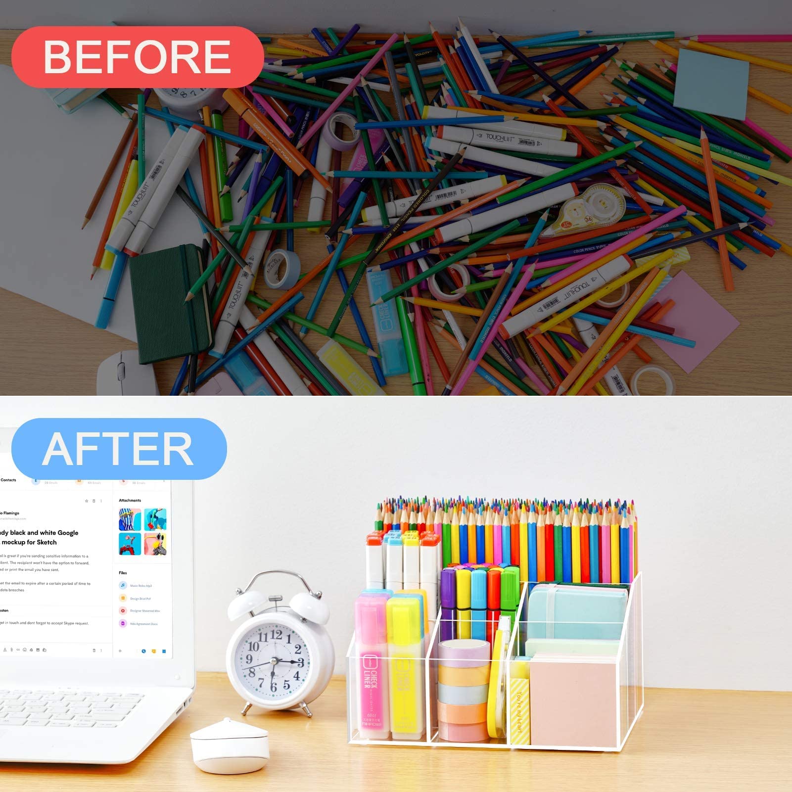 VITVITI Acrylic Desk Organizer, 7 Compartments Clear Pen Pencil Holder