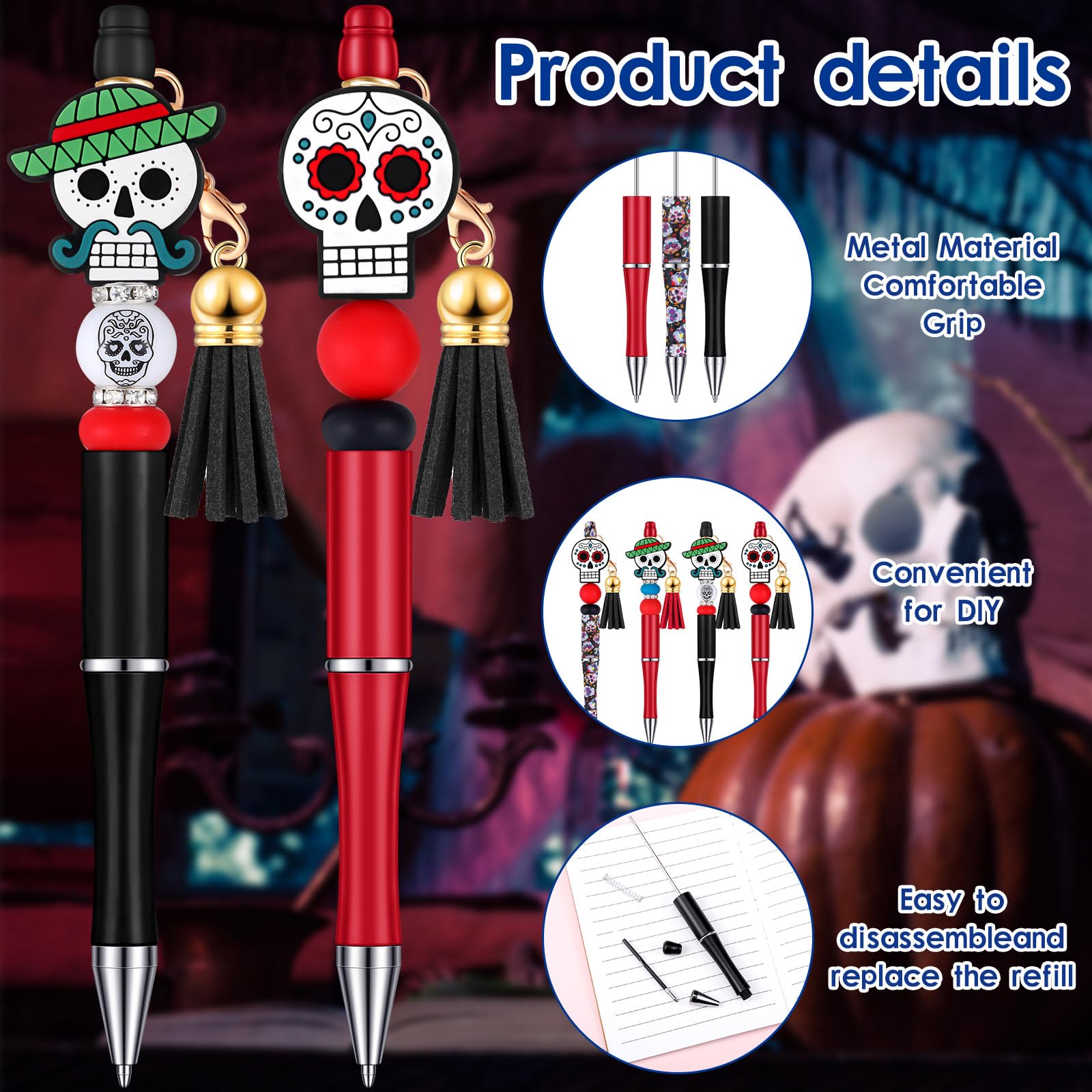 Colarr 12 Sets Halloween Beadable Pen DIY Pen Making Kit,Skull Style