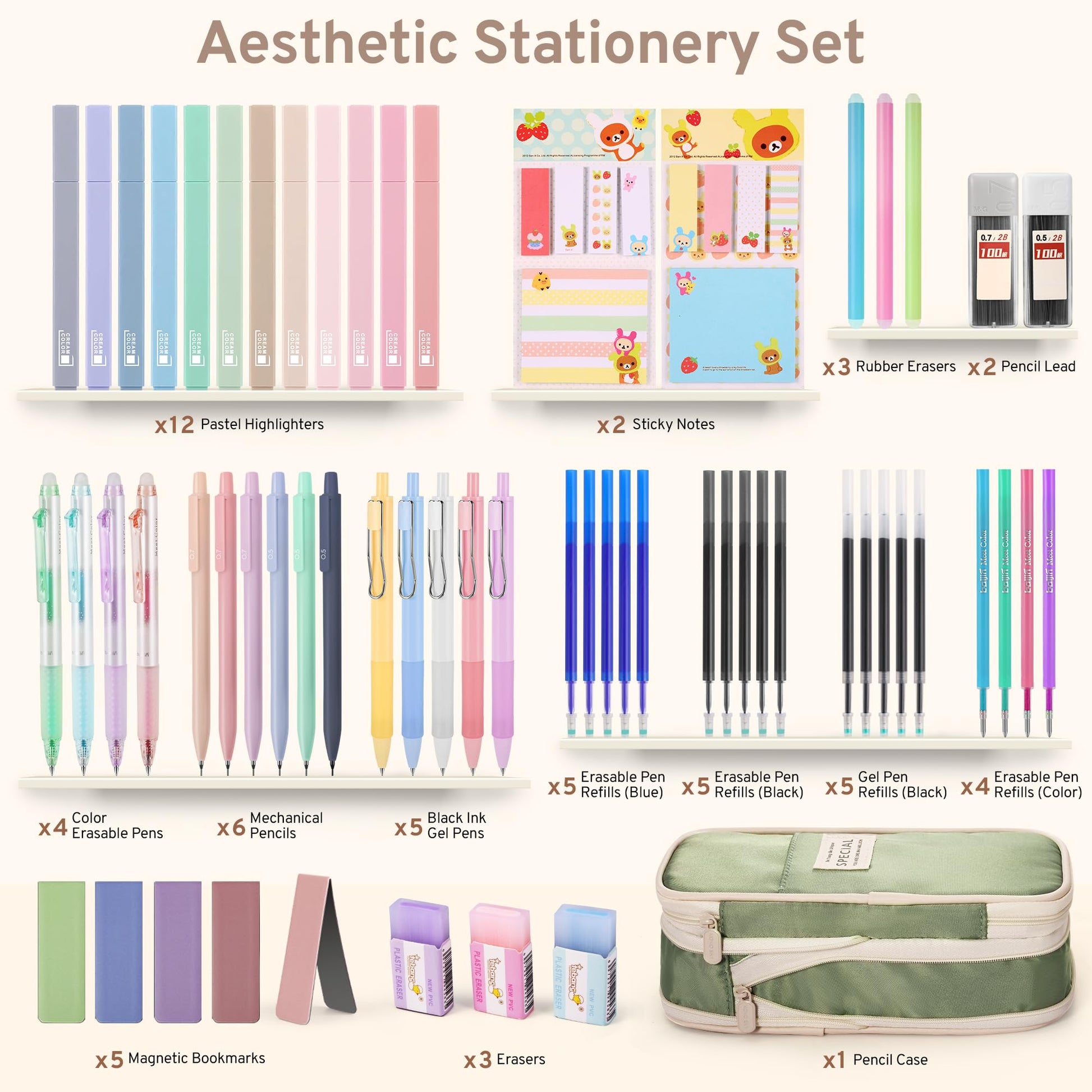 DazSpirit 62PCS Aesthetic Stationery Set with Foldable Pencil Case, Green
