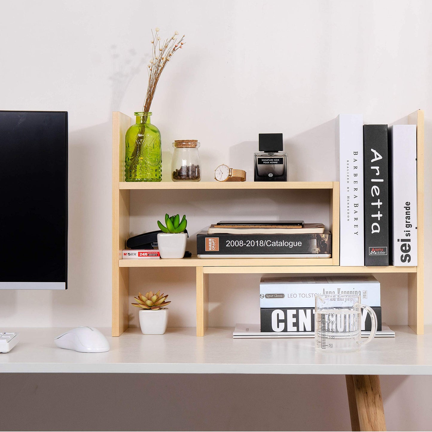 VERGOODR Desktop Organizer Office Storage Rack Adjustable Natural Wood Display Book Shelf Stand
