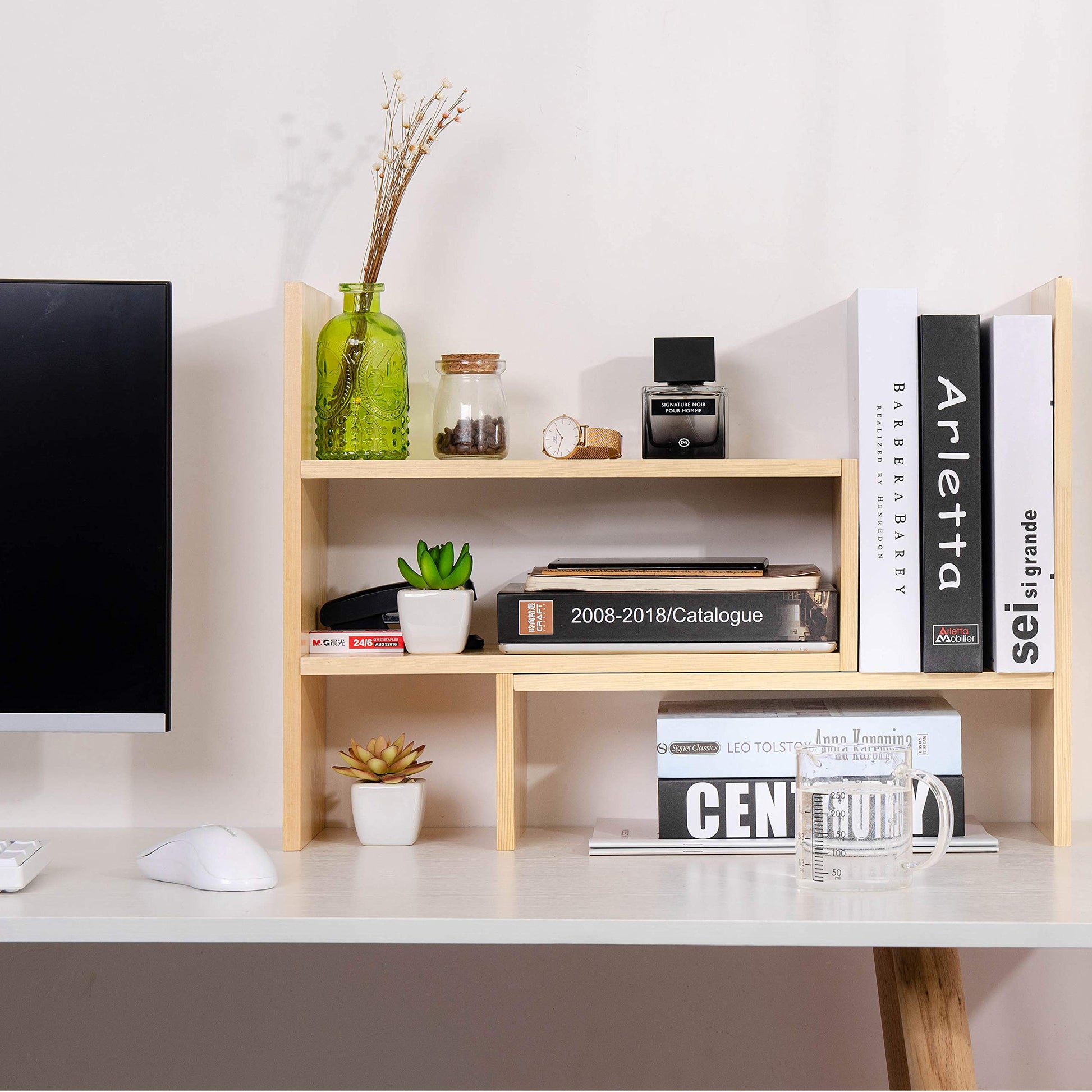 VERGOODR Desktop Organizer Office Storage Rack Adjustable Natural Wood Display Book Shelf Stand