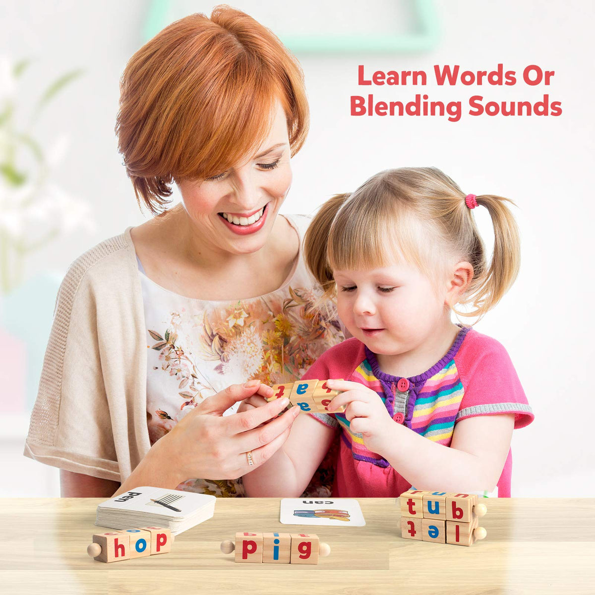 Coogam Wooden Reading Blocks Short Vowel Rods Spelling Games, Flash Cards Turning Rotating Letter