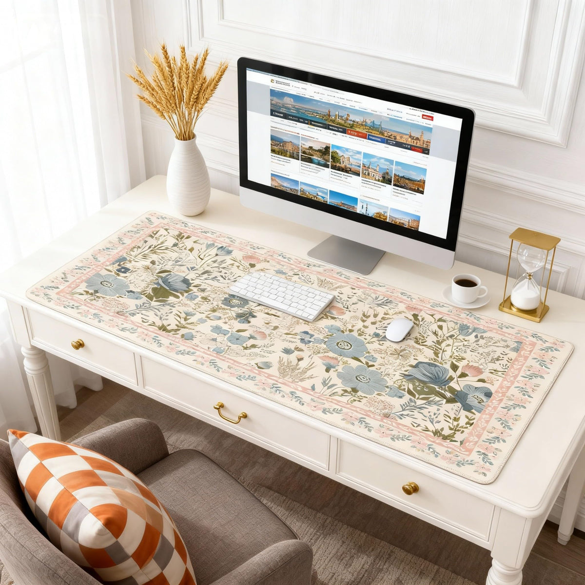 Aesthetic Pink Floral Desk Pad, XXL Large Mouse Pad for Desk with Anti-Slip & Stitched Edges