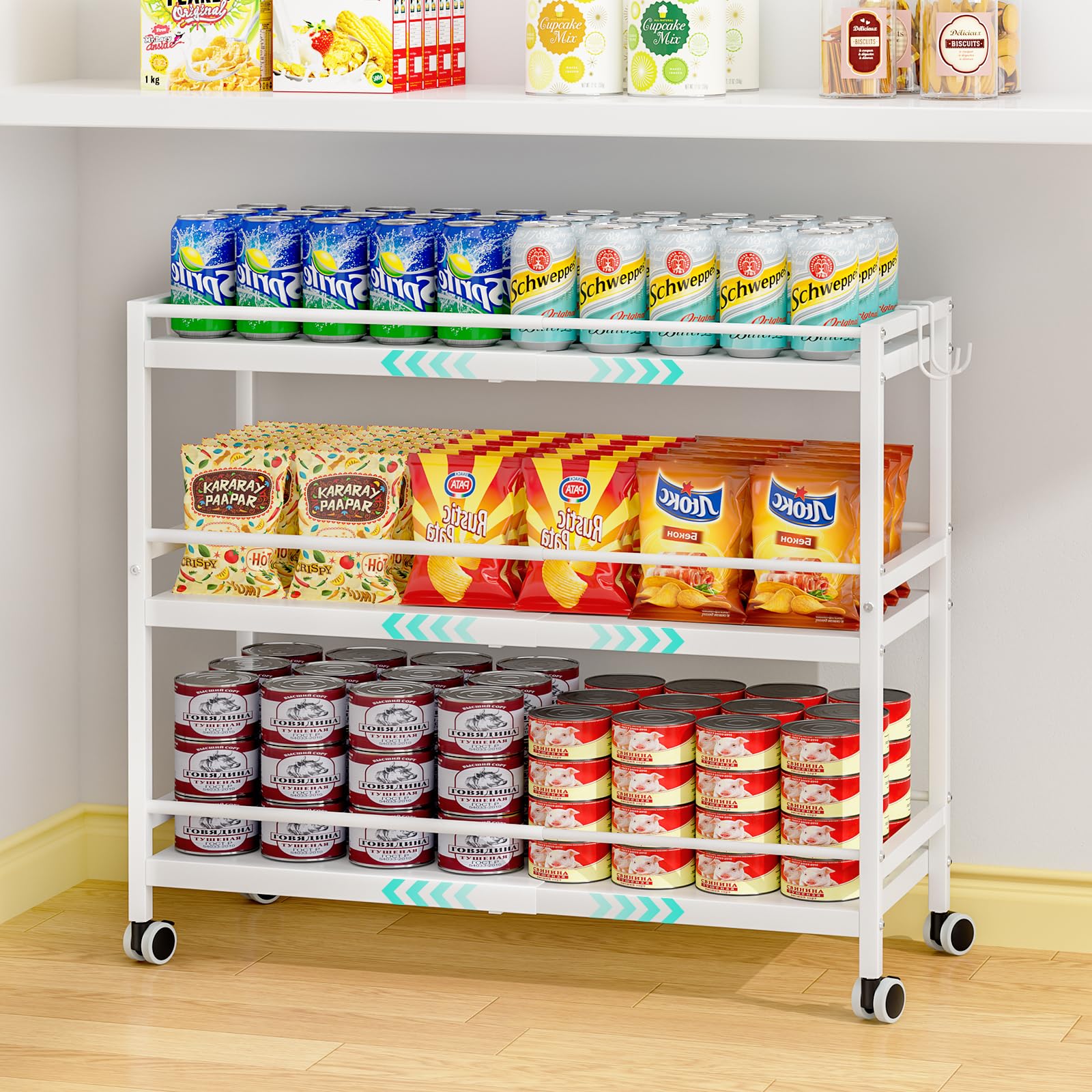 3-Tier Expandable Rolling Pantry Organizers and Storage Cart with Wheels, Adjustable Pantry Floor